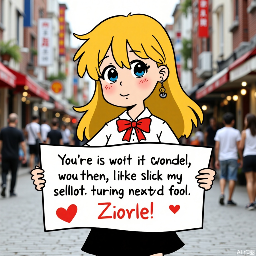 1girl, solo, long hair, looking at viewer, blue eyes, skirt, blonde hair, shirt, bow, holding, jewelry, heart, earrings, outdoors, black skirt, blurry, english text, lips, makeup, blurry background, sign, holding sign