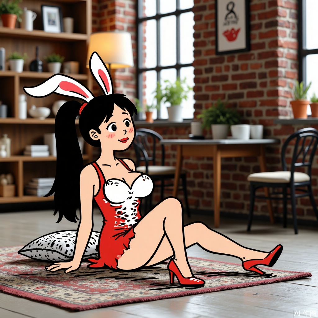 1 Girl, alone, long hair, breast, watching the audience, dark haired, animal ears, , Ponytail, shiny, interior, rabbit ears, huge breast, high heels, Lips, Pillow, floor, fake animal ears, on floor, Bunny Girl, shiny clothes, lamp, floorroom, emulsion, gigantic breast, reverse costume
