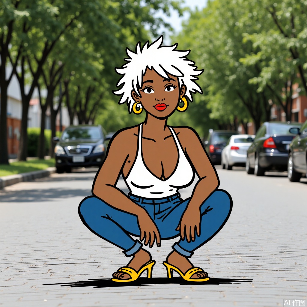 1girl, solo, breasts, looking at viewer, short hair, large breasts, cleavage, jewelry, full body, white hair, earrings, outdoors, shoes, pants, dark skin, nail polish, high heels, dark-skinned female, tree, lips, sandals, squatting, denim, ground vehicle, motor vehicle, toenails, hoop earrings, realistic, toenail polish, car, road, very dark skin, photo background