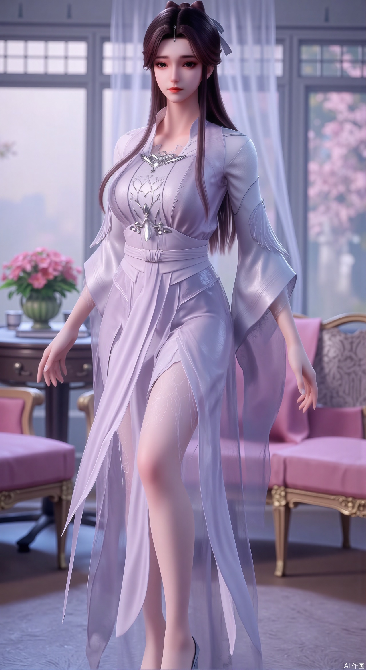  (masterpiece:1.2),Ultra clear, wallpaper, 8k, masterpiece, 1girl, solo, long hair, breasts, looking at viewer, bangs, large breasts,long dress,, bare shoulders, jewelry, black hair, standing, purple eyes, full body, flower, thighs, indoors, hair bun, long dress, high heels, cup, see-through, book, bare legs, window, table, white footwear, standing on one leg, curtains, pink flower, side slit, vase, ,(huge breasts:2.99),(full breasts:2.99),Xzhihua,Xsiyouyou,Xyanruyu,Xmoxiaonan,Xyeqingxian,Xyinxuehou,Xpoyuhou,XbaihehuaiX,Xjiangbilan,Xhuajin,XshengcaierY,Xmengyuyi,Xxiaomei
