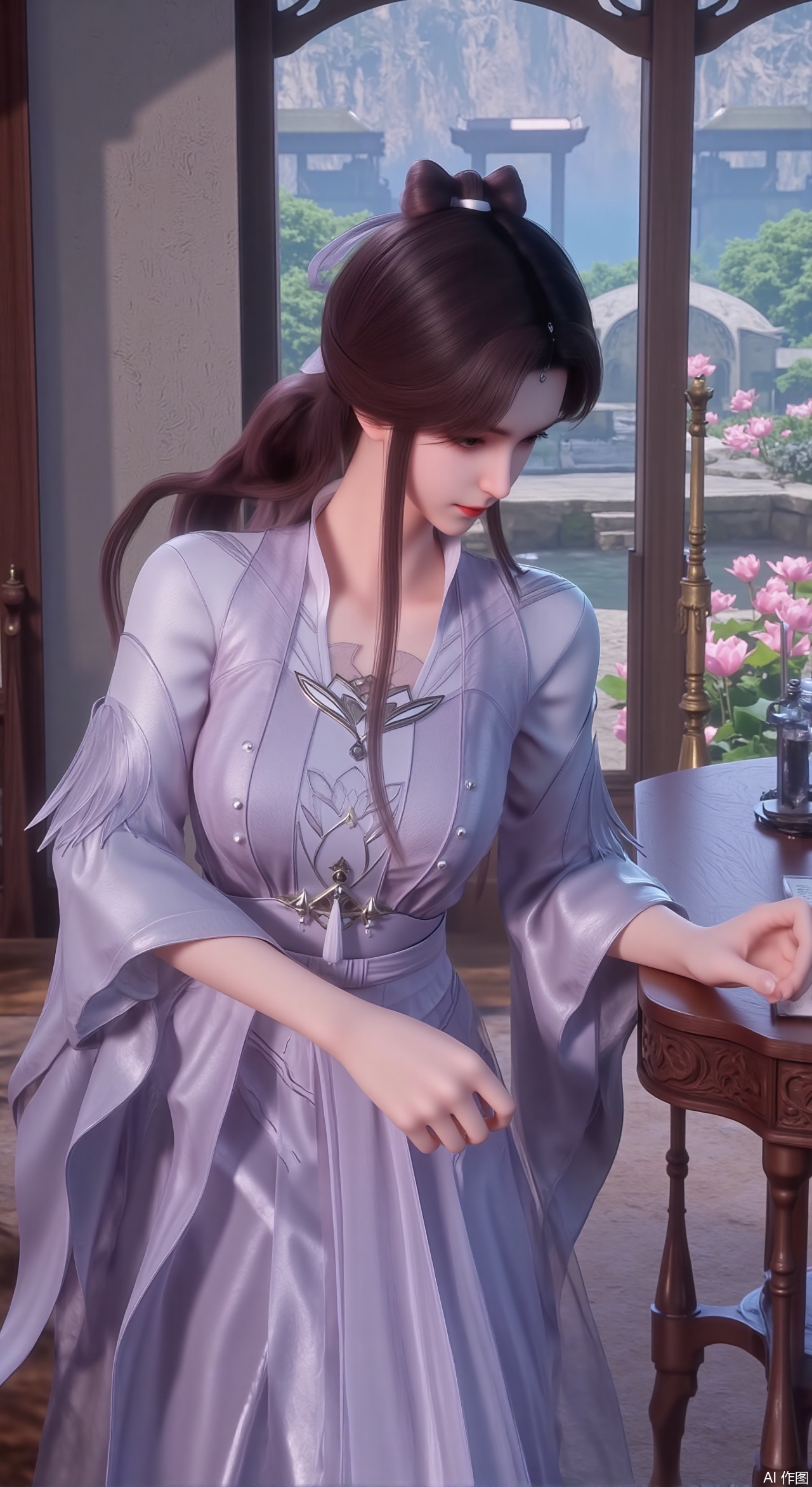 (masterpiece, best quality:1.2),1girl, solo, long dress,Ancient princess's boudoir with bright color palette,,(huge breasts:2.59),(full breasts:2.39), Hanfu-clad maiden sitting by latticed window desk in romantic daydreaming posture, classical Chinese garden through window showcasing lotus pond filled with blooming pink and white lotuses, delicate ink-wash painting style, interior featuring rosewood furniture with mother-of-pearl inlay, silk curtains fluttering in breeze, porcelain stationery set on desk, distant view of curved bridges and pavilions in garden, ultra HD rendering with crisp details on embroidered garments and translucent lotus petals,,(huge breasts:2.99),(full breasts:2.99),,Xzhihua,Xsiyouyou,Xyanruyu,Xmoxiaonan,Xyeqingxian,Xyinxuehou,Xpoyuhou,XbaihehuaiX,Xjiangbilan,Xhuajin,XshengcaierY,Xmengyuyi,Xxiaomei