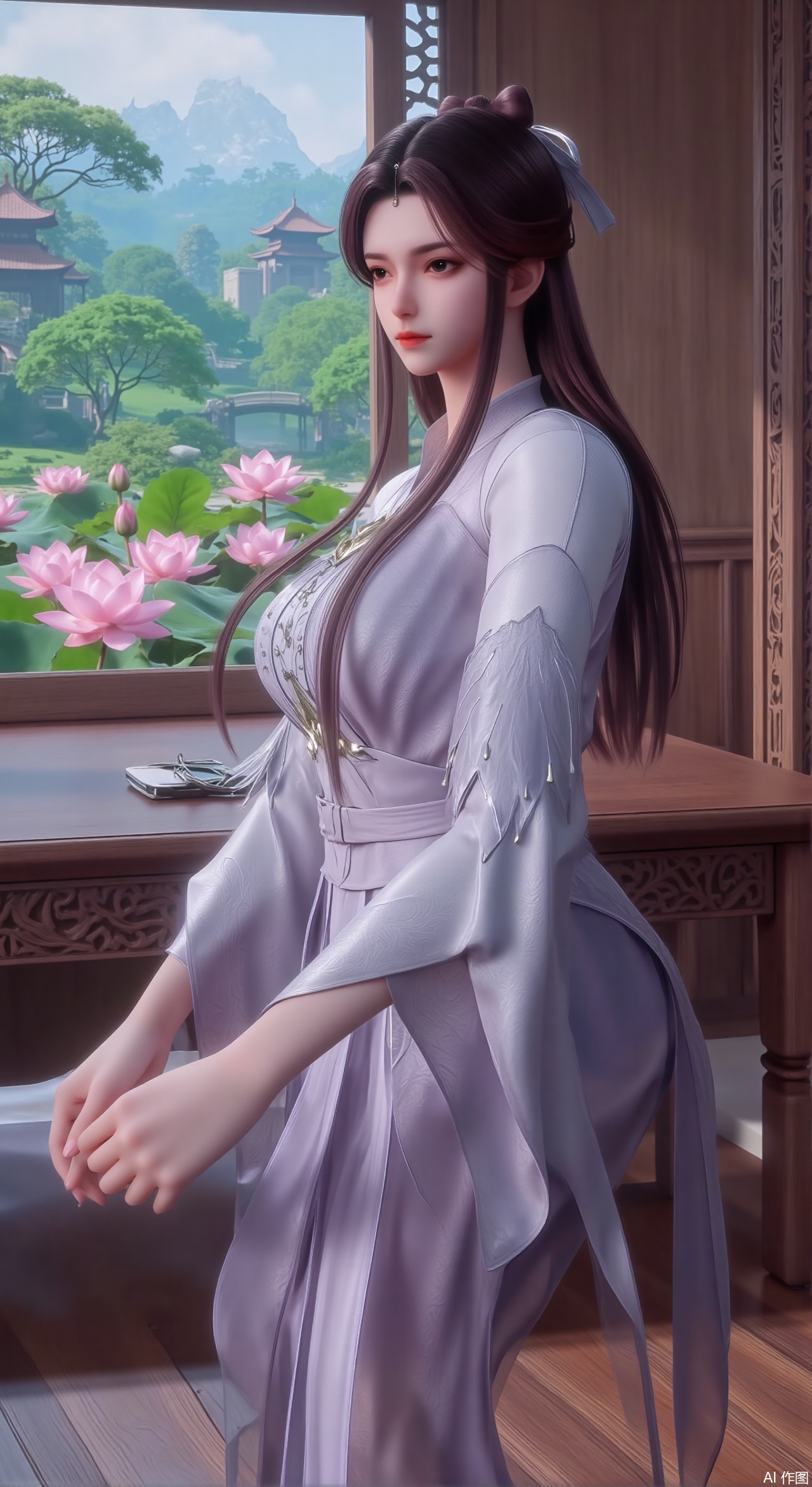 (masterpiece, best quality:1.2),1girl, solo, long dress,Ancient princess's boudoir with bright color palette,,(huge breasts:2.59),(full breasts:2.39), Hanfu-clad maiden sitting by latticed window desk in romantic daydreaming posture, classical Chinese garden through window showcasing lotus pond filled with blooming pink and white lotuses, delicate ink-wash painting style, interior featuring rosewood furniture with mother-of-pearl inlay, silk curtains fluttering in breeze, porcelain stationery set on desk, distant view of curved bridges and pavilions in garden, ultra HD rendering with crisp details on embroidered garments and translucent lotus petals,,(huge breasts:2.99),(full breasts:2.99),,Xzhihua,Xsiyouyou,Xyanruyu,Xmoxiaonan,Xyeqingxian,Xyinxuehou,Xpoyuhou,XbaihehuaiX,Xjiangbilan,Xhuajin,XshengcaierY,Xmengyuyi,Xxiaomei