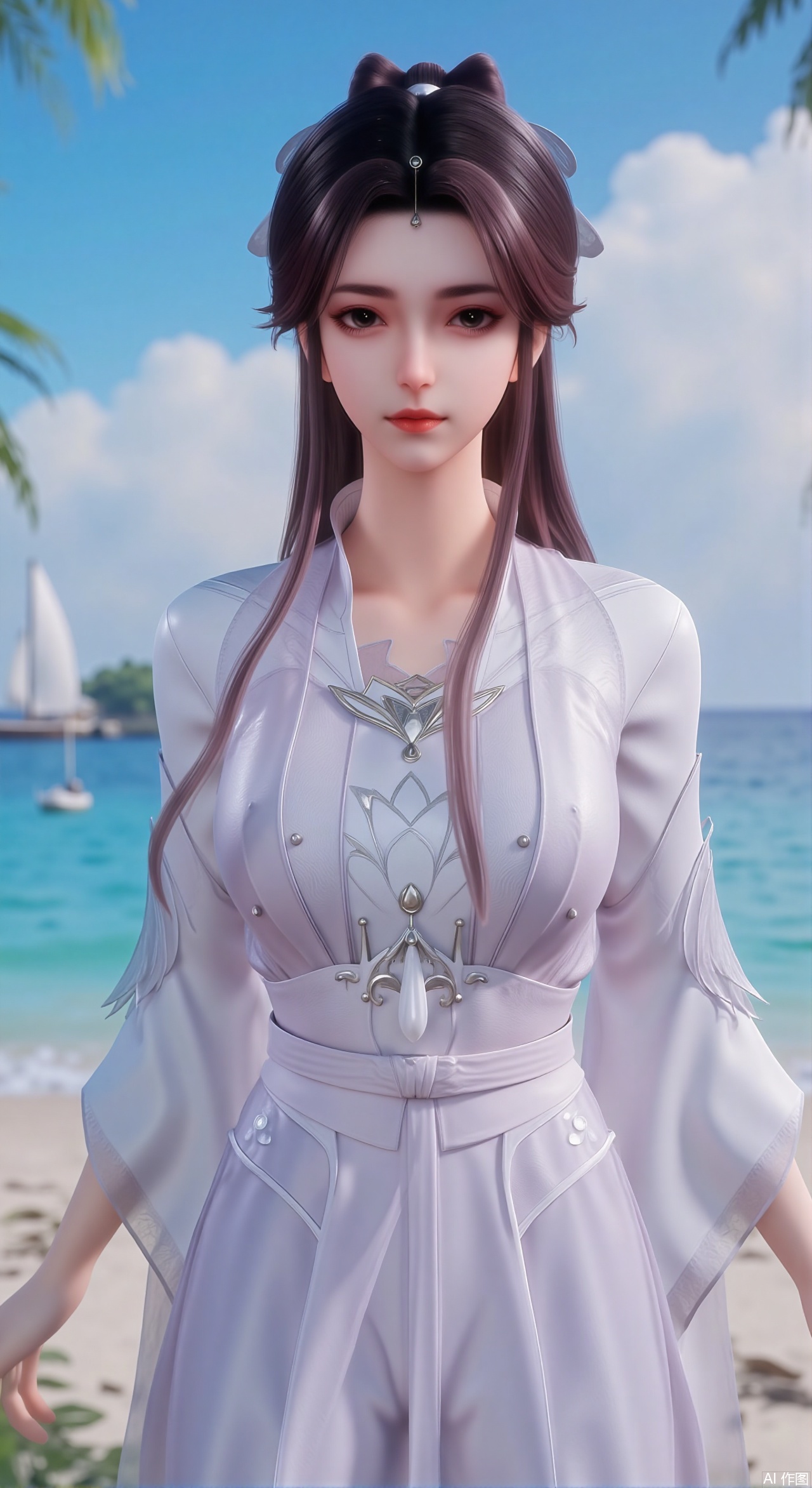 sfw,(masterpiece:1.2),best quality,absurdres,masterpiece,original,extremely detailed wallpaper,perfect lighting,1girl,solo,looking at viewer,(cowboy_shot:1.3),short hair,high heels,blurry background,depth of field,motion blur,crystal_earrings,headpiece,in summer,day,outdoors,nature,(standing,Seaside, beach, sailboat, coconut trees:1.59),(huge breasts:2.99),(full breasts:2.99),Xzhihua,Xsiyouyou,Xyanruyu,Xmoxiaonan,Xyeqingxian,Xyinxuehou,Xpoyuhou,XbaihehuaiX,Xjiangbilan,Xhuajin,XshengcaierY,Xmengyuyi,Xxiaomei