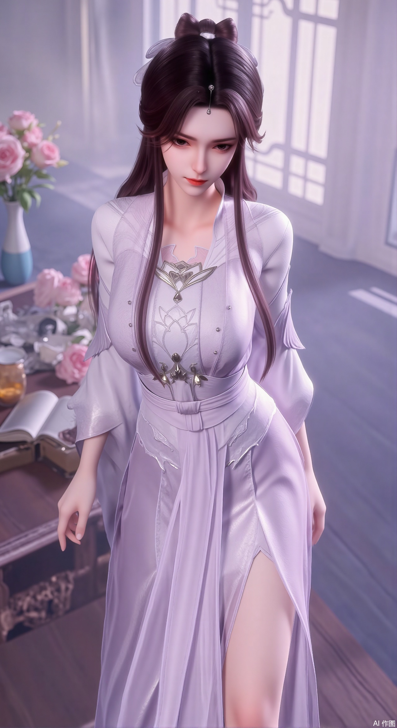  (masterpiece:1.2),Ultra clear, wallpaper, 8k, masterpiece, 1girl, solo, long hair, breasts, looking at viewer, bangs, large breasts,long dress,, bare shoulders, jewelry, black hair, standing, purple eyes, full body, flower, thighs, indoors, hair bun, long dress, high heels, cup, see-through, book, bare legs, window, table, white footwear, standing on one leg, curtains, pink flower, side slit, vase, ,(huge breasts:2.99),(full breasts:2.99),Xzhihua,Xsiyouyou,Xyanruyu,Xmoxiaonan,Xyeqingxian,Xyinxuehou,Xpoyuhou,XbaihehuaiX,Xjiangbilan,Xhuajin,XshengcaierY,Xmengyuyi,Xxiaomei
