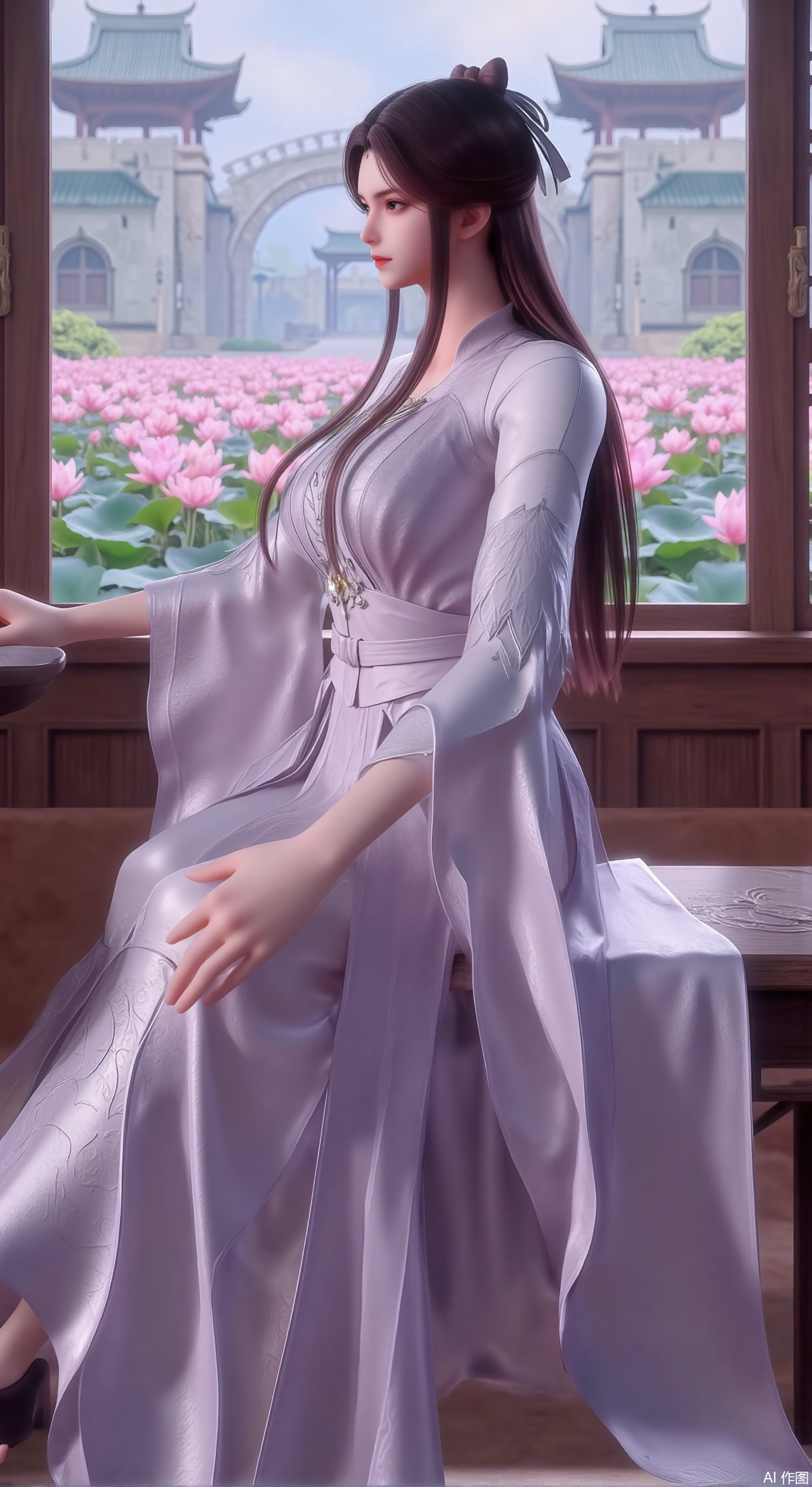 (masterpiece, best quality:1.2),1girl, solo, long dress,Ancient princess's boudoir with bright color palette,,(huge breasts:2.59),(full breasts:2.39), Hanfu-clad maiden sitting by latticed window desk in romantic daydreaming posture, classical Chinese garden through window showcasing lotus pond filled with blooming pink and white lotuses, delicate ink-wash painting style, interior featuring rosewood furniture with mother-of-pearl inlay, silk curtains fluttering in breeze, porcelain stationery set on desk, distant view of curved bridges and pavilions in garden, ultra HD rendering with crisp details on embroidered garments and translucent lotus petals,,(huge breasts:2.99),(full breasts:2.99),,Xzhihua,Xsiyouyou,Xyanruyu,Xmoxiaonan,Xyeqingxian,Xyinxuehou,Xpoyuhou,XbaihehuaiX,Xjiangbilan,Xhuajin,XshengcaierY,Xmengyuyi,Xxiaomei