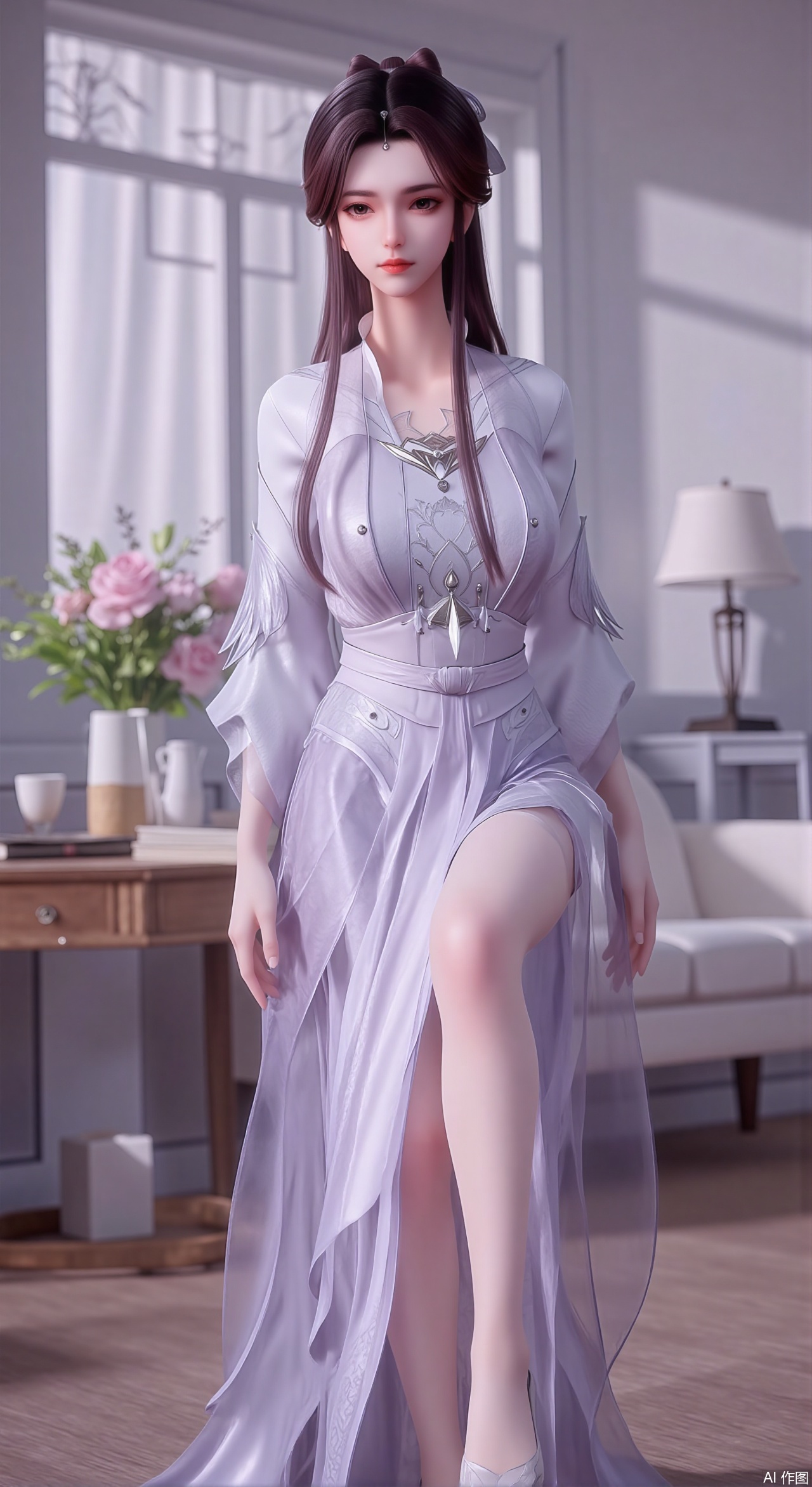  (masterpiece:1.2),Ultra clear, wallpaper, 8k, masterpiece, 1girl, solo, long hair, breasts, looking at viewer, bangs, large breasts,long dress,, bare shoulders, jewelry, black hair, standing, purple eyes, full body, flower, thighs, indoors, hair bun, long dress, high heels, cup, see-through, book, bare legs, window, table, white footwear, standing on one leg, curtains, pink flower, side slit, vase, ,(huge breasts:2.99),(full breasts:2.99),Xzhihua,Xsiyouyou,Xyanruyu,Xmoxiaonan,Xyeqingxian,Xyinxuehou,Xpoyuhou,XbaihehuaiX,Xjiangbilan,Xhuajin,XshengcaierY,Xmengyuyi,Xxiaomei