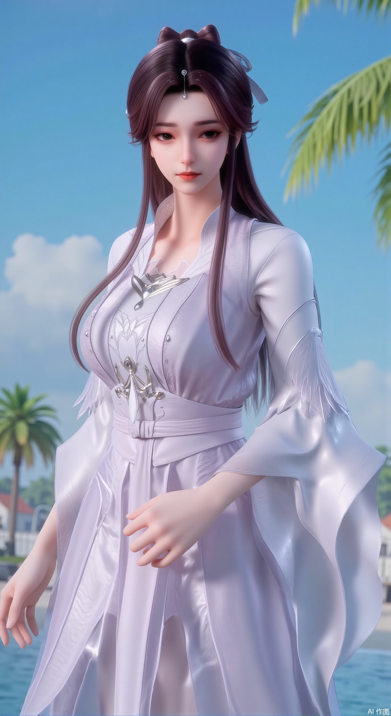 sfw,(masterpiece:1.2),best quality,absurdres,masterpiece,original,extremely detailed wallpaper,perfect lighting,1girl,solo,looking at viewer,(cowboy_shot:1.3),short hair,high heels,blurry background,depth of field,motion blur,crystal_earrings,headpiece,in summer,day,outdoors,nature,(standing,Seaside, beach, sailboat, coconut trees:1.59),(huge breasts:2.99),(full breasts:2.99),Xzhihua,Xsiyouyou,Xyanruyu,Xmoxiaonan,Xyeqingxian,Xyinxuehou,Xpoyuhou,XbaihehuaiX,Xjiangbilan,Xhuajin,XshengcaierY,Xmengyuyi,Xxiaomei