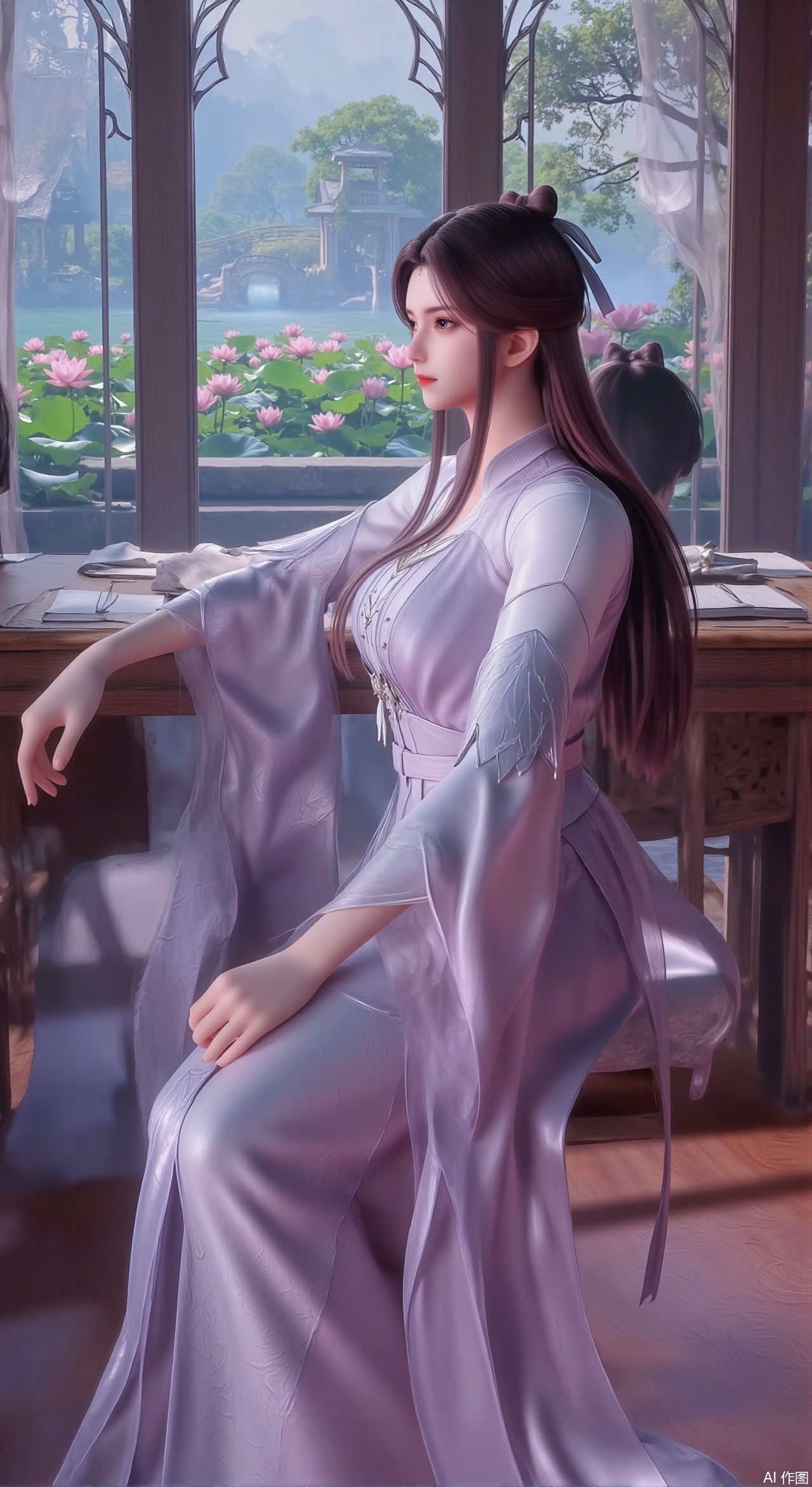 (masterpiece, best quality:1.2),1girl, solo, long dress,Ancient princess's boudoir with bright color palette,,(huge breasts:2.59),(full breasts:2.39), Hanfu-clad maiden sitting by latticed window desk in romantic daydreaming posture, classical Chinese garden through window showcasing lotus pond filled with blooming pink and white lotuses, delicate ink-wash painting style, interior featuring rosewood furniture with mother-of-pearl inlay, silk curtains fluttering in breeze, porcelain stationery set on desk, distant view of curved bridges and pavilions in garden, ultra HD rendering with crisp details on embroidered garments and translucent lotus petals,,(huge breasts:2.99),(full breasts:2.99),,Xzhihua,Xsiyouyou,Xyanruyu,Xmoxiaonan,Xyeqingxian,Xyinxuehou,Xpoyuhou,XbaihehuaiX,Xjiangbilan,Xhuajin,XshengcaierY,Xmengyuyi,Xxiaomei