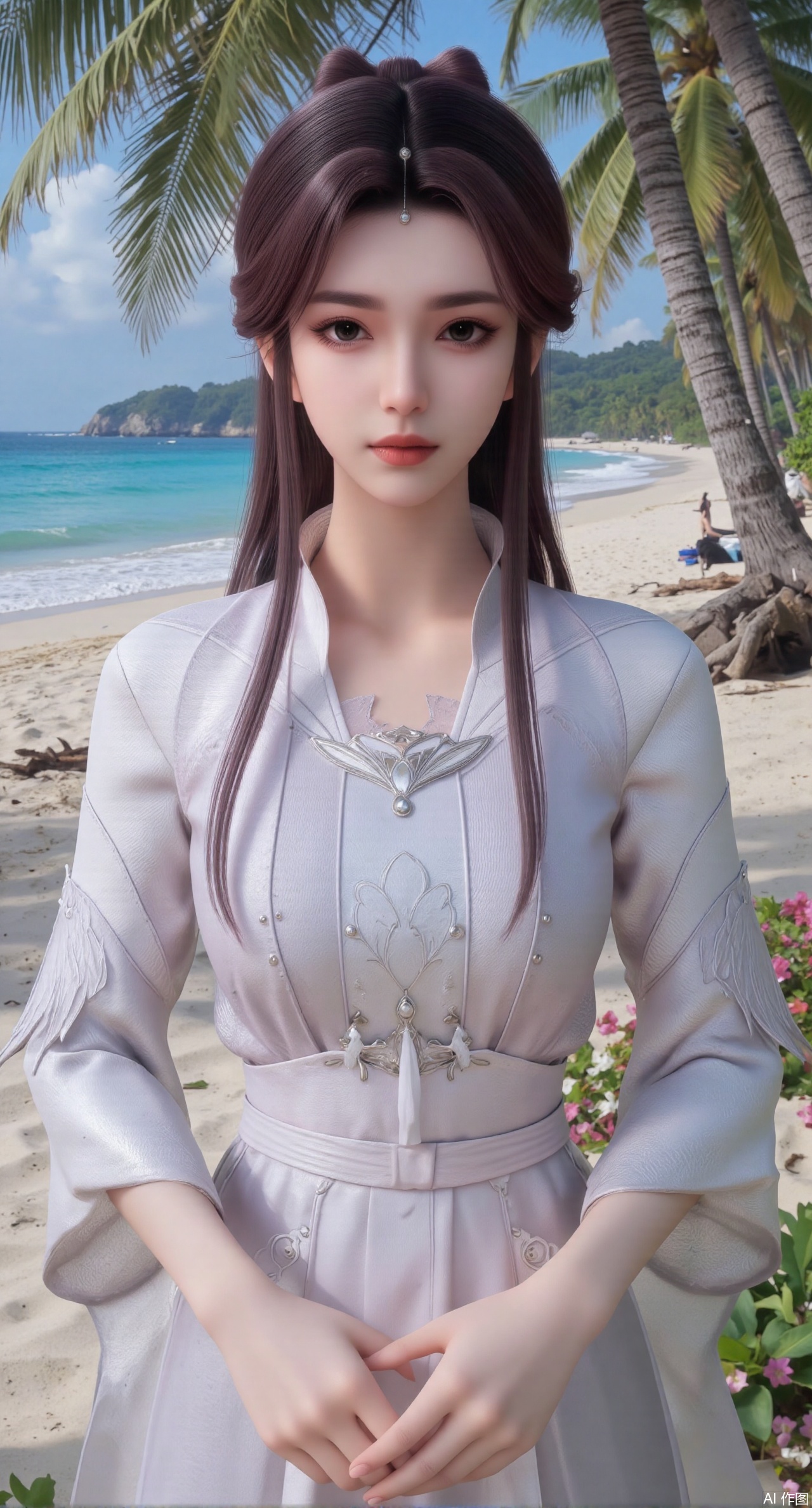 (masterpiece:1.2),best quality,absurdres,masterpiece,original,extremely detailed wallpaper,perfect lighting,Golden sandy beach covered with vibrant flowers, turquoise waves gently lapping the shore, , bright flower clusters spreading from sand to palm tree roots, soft natural light filtering through coconut leaves, ocean breeze lifting hair and qipao hem, high-resolution details showcasing petal textures and silk fabric sheen, ultra-wide angle lens capturing coastline panorama, cinematic color grading with soft focus on the central figure,(huge breasts:2.99),(full breasts:2.99),XshengcaierY,Xmengyuyi,Xxiaomei,Xgufenghuaqiang