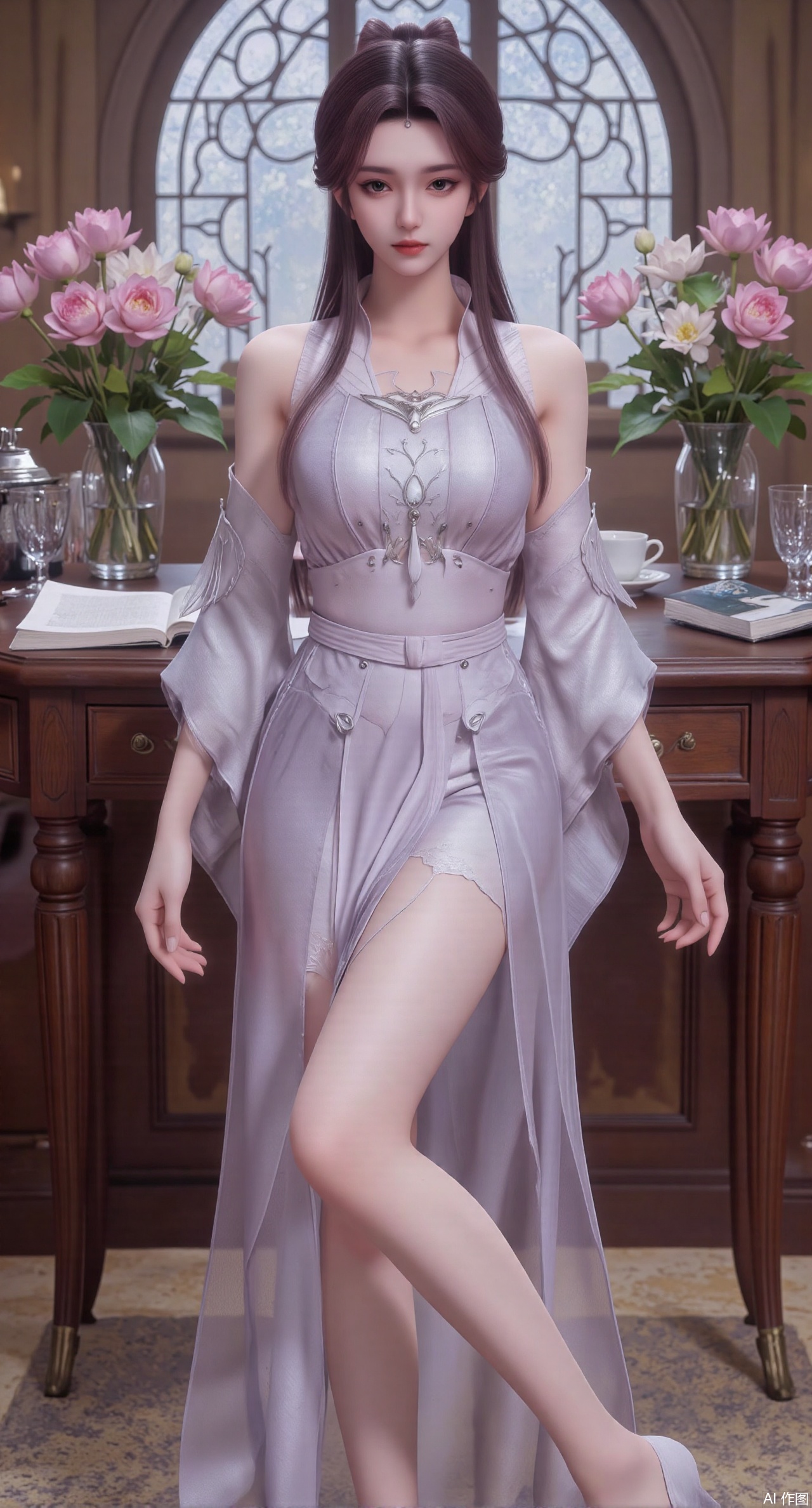 (masterpiece:1.2),best quality,Ultra clear, wallpaper, 8k, masterpiece, 1girl, solo, long hair, breasts, looking at viewer, bangs, large breasts,long dress,, bare shoulders, jewelry, black hair, standing, purple eyes, full body, flower, thighs, indoors, hair bun, long dress, high heels, cup, see-through, book, bare legs, window, table, white footwear, standing on one leg, curtains, pink flower, side slit, vase, ,(huge breasts:2.99),(full breasts:2.99),(pink lotus flowers:1.39),XshengcaierY,Xmengyuyi,Xxiaomei,Xgufenghuaqiang