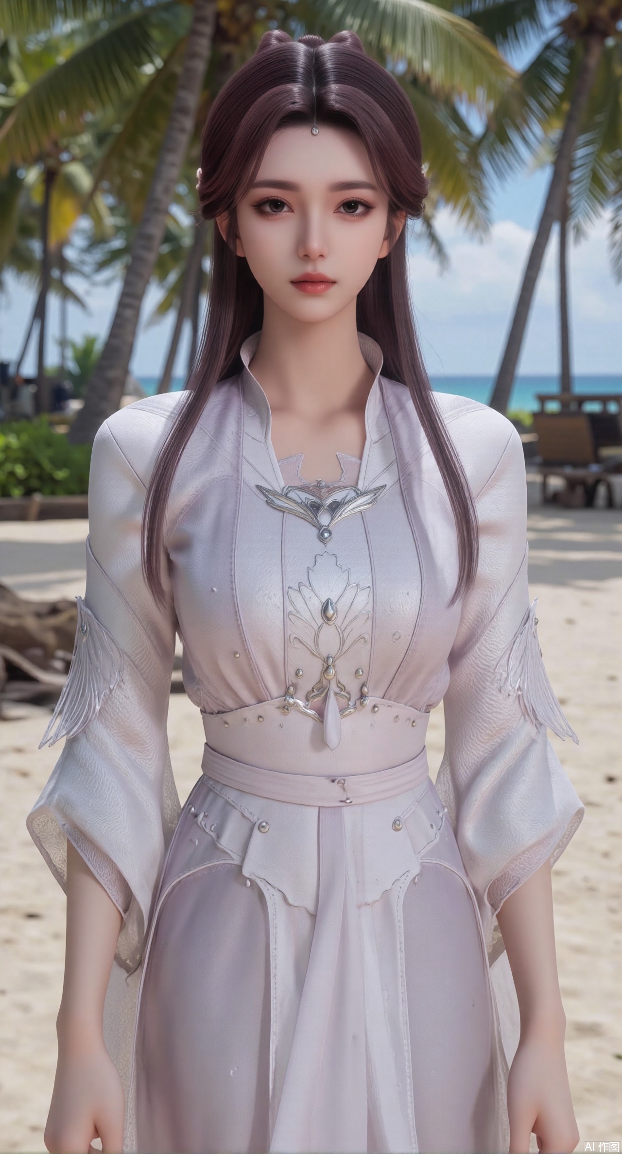 (masterpiece:1.2),best quality,absurdres,masterpiece,original,extremely detailed wallpaper,perfect lighting,Golden sandy beach covered with vibrant flowers, turquoise waves gently lapping the shore, , bright flower clusters spreading from sand to palm tree roots, soft natural light filtering through coconut leaves, ocean breeze lifting hair and qipao hem, high-resolution details showcasing petal textures and silk fabric sheen, ultra-wide angle lens capturing coastline panorama, cinematic color grading with soft focus on the central figure,(huge breasts:2.99),(full breasts:2.99),XshengcaierY,Xmengyuyi,Xxiaomei,Xgufenghuaqiang