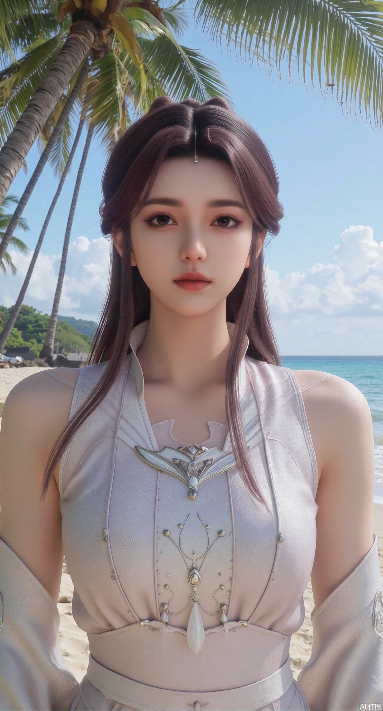(masterpiece:1.2),best quality,absurdres,masterpiece,original,extremely detailed wallpaper,perfect lighting,Golden sandy beach covered with vibrant flowers, turquoise waves gently lapping the shore, , bright flower clusters spreading from sand to palm tree roots, soft natural light filtering through coconut leaves, ocean breeze lifting hair and qipao hem, high-resolution details showcasing petal textures and silk fabric sheen, ultra-wide angle lens capturing coastline panorama, cinematic color grading with soft focus on the central figure,(huge breasts:2.99),(full breasts:2.99),XshengcaierY,Xmengyuyi,Xxiaomei,Xgufenghuaqiang