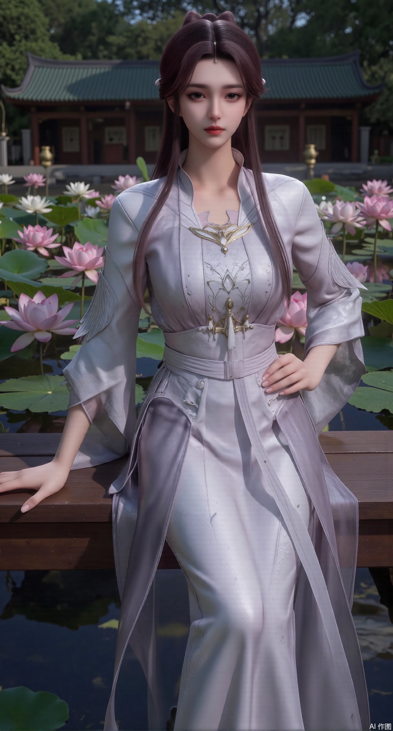 (masterpiece:1.2),best quality,The image is a digital illustration of a young woman sitting on a wooden bench in a pond with lily pads. She is wearing a long dress with design on the chest and sleeves. The dress has a high neckline and short sleeves,Holding a lotus in hand. She has long dark hair styled in loose waves and is wearing gold high heels. The woman is posing with one hand on her hip and the other resting on the edge of the bench. The background is filled with pink and white lotus flowers and green leaves. The overall mood of the image is peaceful and serene,(huge breasts:2.99),(full breasts:2.99),(Background with traditional Chinese architecture, lotus pond and pink lotus flowers:1.39),,Xanmiaoyi,Xyunwangshu,XlishaoyinY,Xbaixue,XanmiaoyiY,Xxiuqiuhua,XbaiyuerongY,XyunyunX,XqingnvzongZM,Xjuzi,Xshangguanweier,XanmiaoyiXY,XyunyunXY,Xjiangziyue,Xmeining,Xweinina,Xlenhuan,Xbabata,Xhewanyuzhiyao,XzixiaY,Xyilinna,Xyinxuehou,Xpoyuhou,XshengcaierY,Xmengyuyi,Xxiaomei,Xgufenghuaqiang