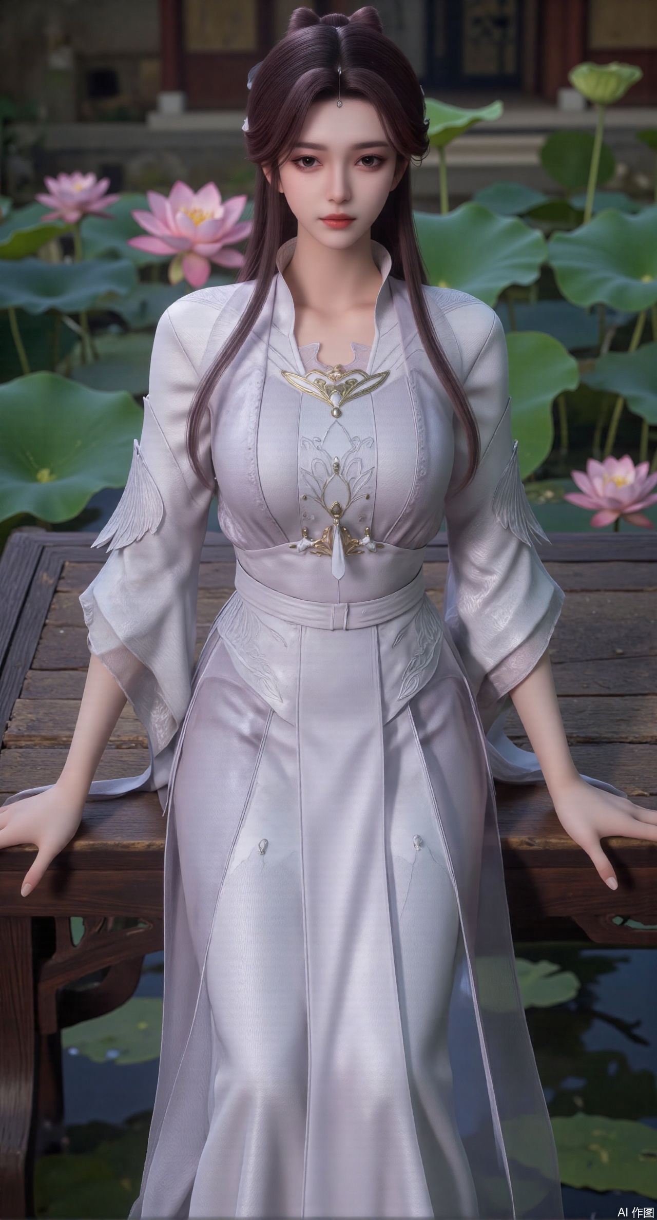 (masterpiece:1.2),best quality,The image is a digital illustration of a young woman sitting on a wooden bench in a pond with lily pads. She is wearing a long dress with design on the chest and sleeves. The dress has a high neckline and short sleeves,Holding a lotus in hand. She has long dark hair styled in loose waves and is wearing gold high heels. The woman is posing with one hand on her hip and the other resting on the edge of the bench. The background is filled with pink and white lotus flowers and green leaves. The overall mood of the image is peaceful and serene,(huge breasts:2.99),(full breasts:2.99),(Background with traditional Chinese architecture, lotus pond and pink lotus flowers:1.39),,Xanmiaoyi,Xyunwangshu,XlishaoyinY,Xbaixue,XanmiaoyiY,Xxiuqiuhua,XbaiyuerongY,XyunyunX,XqingnvzongZM,Xjuzi,Xshangguanweier,XanmiaoyiXY,XyunyunXY,Xjiangziyue,Xmeining,Xweinina,Xlenhuan,Xbabata,Xhewanyuzhiyao,XzixiaY,Xyilinna,Xyinxuehou,Xpoyuhou,XshengcaierY,Xmengyuyi,Xxiaomei,Xgufenghuaqiang