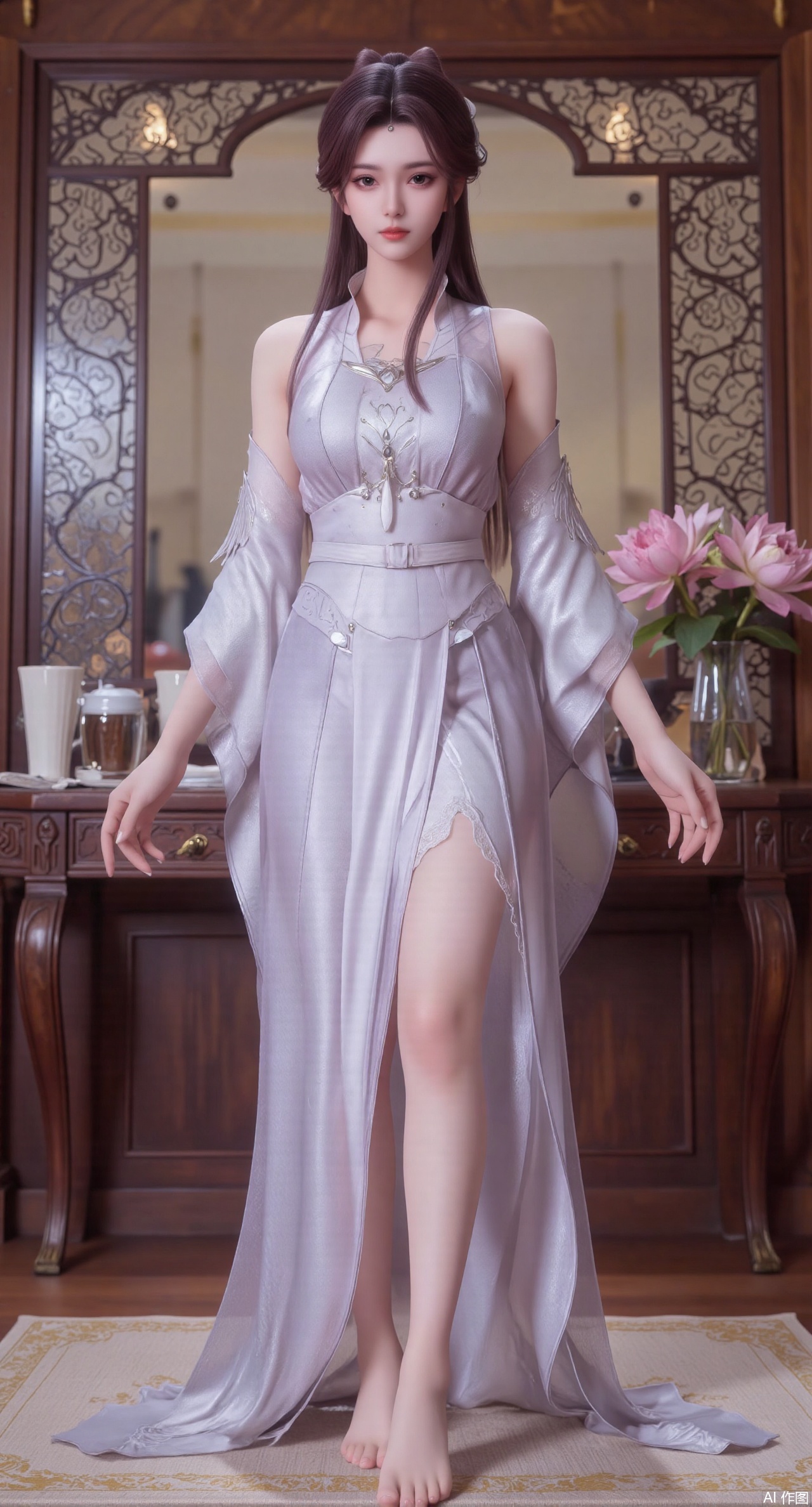 (masterpiece:1.2),best quality,Ultra clear, wallpaper, 8k, masterpiece, 1girl, solo, long hair, breasts, looking at viewer, bangs, large breasts,long dress,, bare shoulders, jewelry, black hair, standing, purple eyes, full body, flower, thighs, indoors, hair bun, long dress, high heels, cup, see-through, book, bare legs, window, table, white footwear, standing on one leg, curtains, pink flower, side slit, vase, ,(huge breasts:2.99),(full breasts:2.99),(pink lotus flowers:1.39),XshengcaierY,Xmengyuyi,Xxiaomei,Xgufenghuaqiang