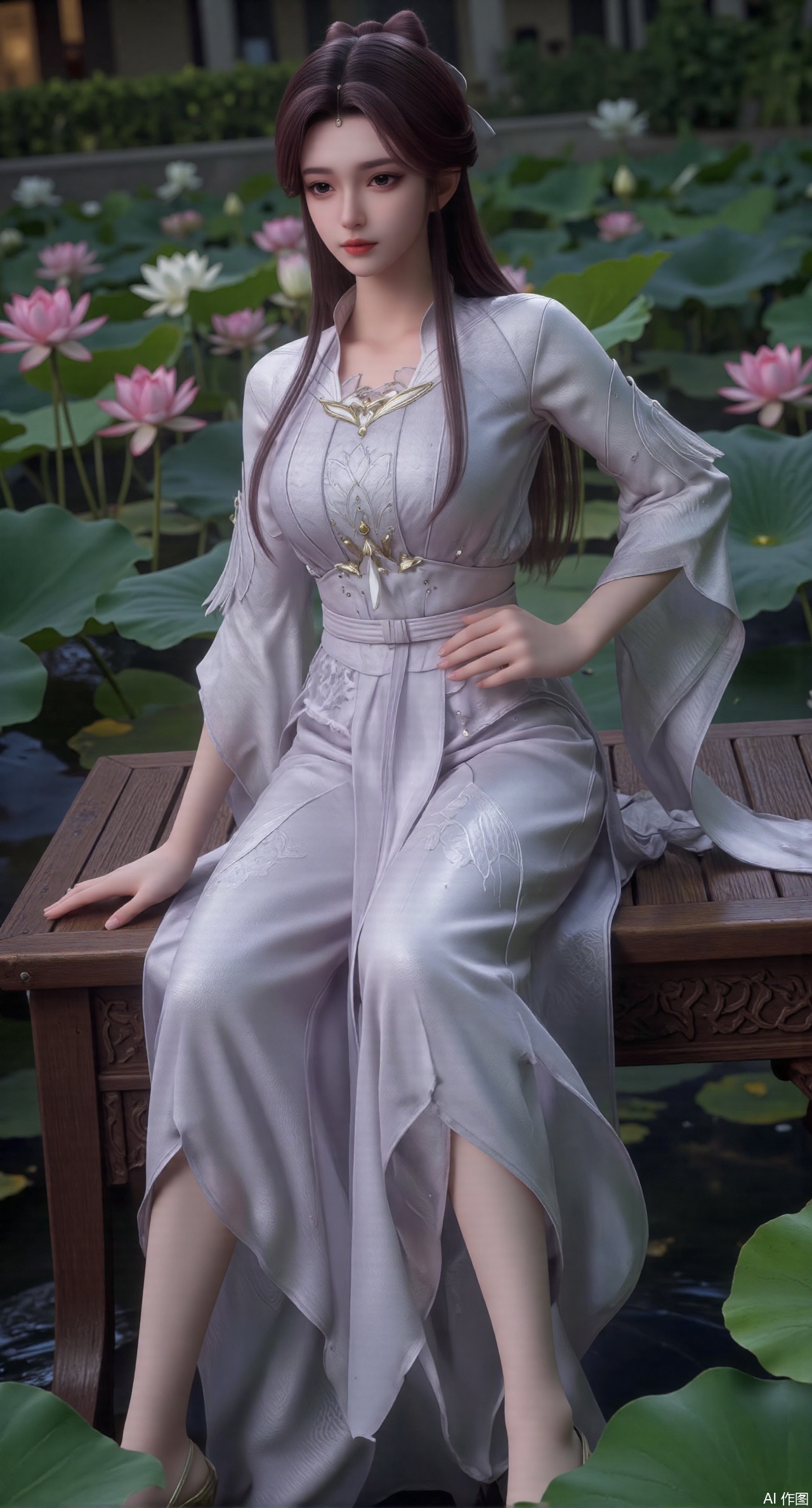 (masterpiece:1.2),best quality,The image is a digital illustration of a young woman sitting on a wooden bench in a pond with lily pads. She is wearing a long dress with design on the chest and sleeves. The dress has a high neckline and short sleeves,Holding a lotus in hand. She has long dark hair styled in loose waves and is wearing gold high heels. The woman is posing with one hand on her hip and the other resting on the edge of the bench. The background is filled with pink and white lotus flowers and green leaves. The overall mood of the image is peaceful and serene,(huge breasts:2.99),(full breasts:2.99),(Background with traditional Chinese architecture, lotus pond and pink lotus flowers:1.39),,Xanmiaoyi,Xyunwangshu,XlishaoyinY,Xbaixue,XanmiaoyiY,Xxiuqiuhua,XbaiyuerongY,XyunyunX,XqingnvzongZM,Xjuzi,Xshangguanweier,XanmiaoyiXY,XyunyunXY,Xjiangziyue,Xmeining,Xweinina,Xlenhuan,Xbabata,Xhewanyuzhiyao,XzixiaY,Xyilinna,Xyinxuehou,Xpoyuhou,XshengcaierY,Xmengyuyi,Xxiaomei,Xgufenghuaqiang