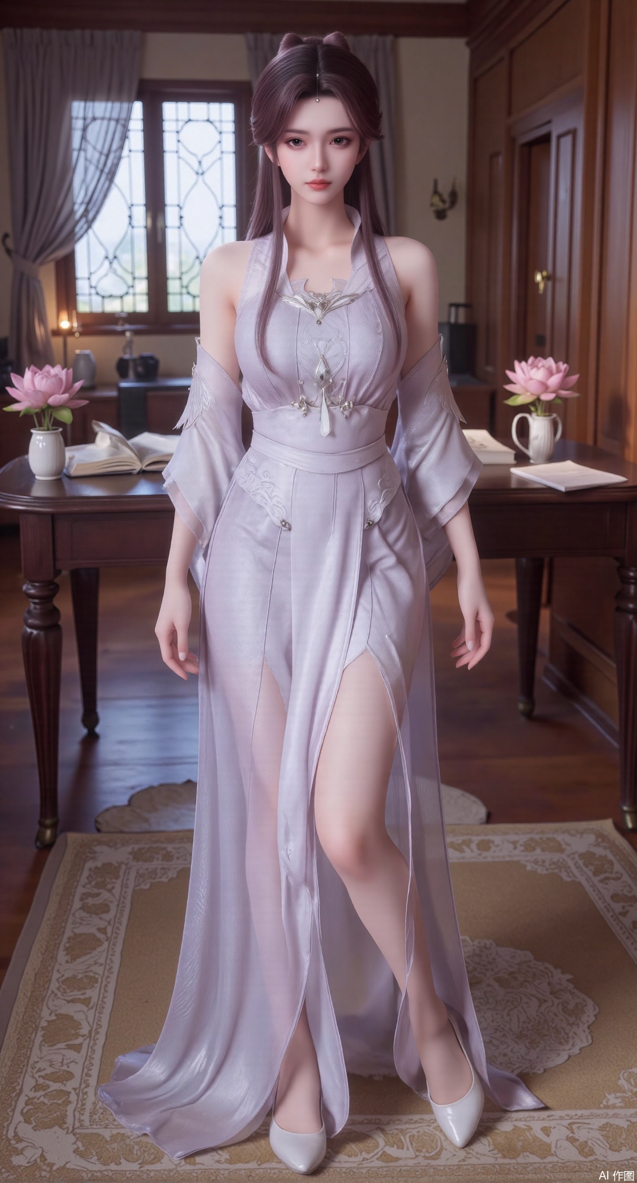 (masterpiece:1.2),best quality,Ultra clear, wallpaper, 8k, masterpiece, 1girl, solo, long hair, breasts, looking at viewer, bangs, large breasts,long dress,, bare shoulders, jewelry, black hair, standing, purple eyes, full body, flower, thighs, indoors, hair bun, long dress, high heels, cup, see-through, book, bare legs, window, table, white footwear, standing on one leg, curtains, pink flower, side slit, vase, ,(huge breasts:2.99),(full breasts:2.99),(pink lotus flowers:1.39),XshengcaierY,Xmengyuyi,Xxiaomei,Xgufenghuaqiang