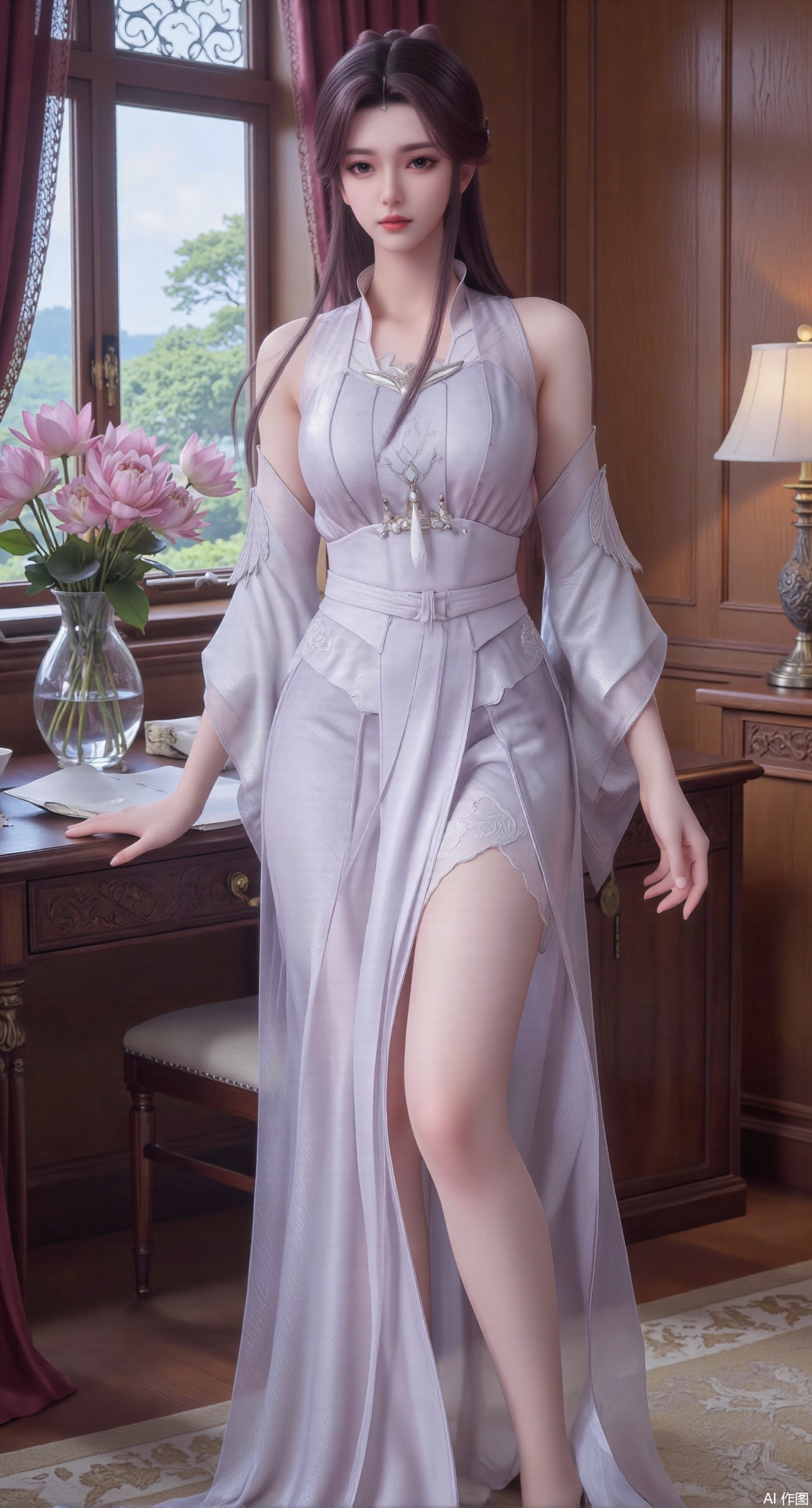 (masterpiece:1.2),best quality,Ultra clear, wallpaper, 8k, masterpiece, 1girl, solo, long hair, breasts, looking at viewer, bangs, large breasts,long dress,, bare shoulders, jewelry, black hair, standing, purple eyes, full body, flower, thighs, indoors, hair bun, long dress, high heels, cup, see-through, book, bare legs, window, table, white footwear, standing on one leg, curtains, pink flower, side slit, vase, ,(huge breasts:2.99),(full breasts:2.99),(pink lotus flowers:1.39),XshengcaierY,Xmengyuyi,Xxiaomei,Xgufenghuaqiang