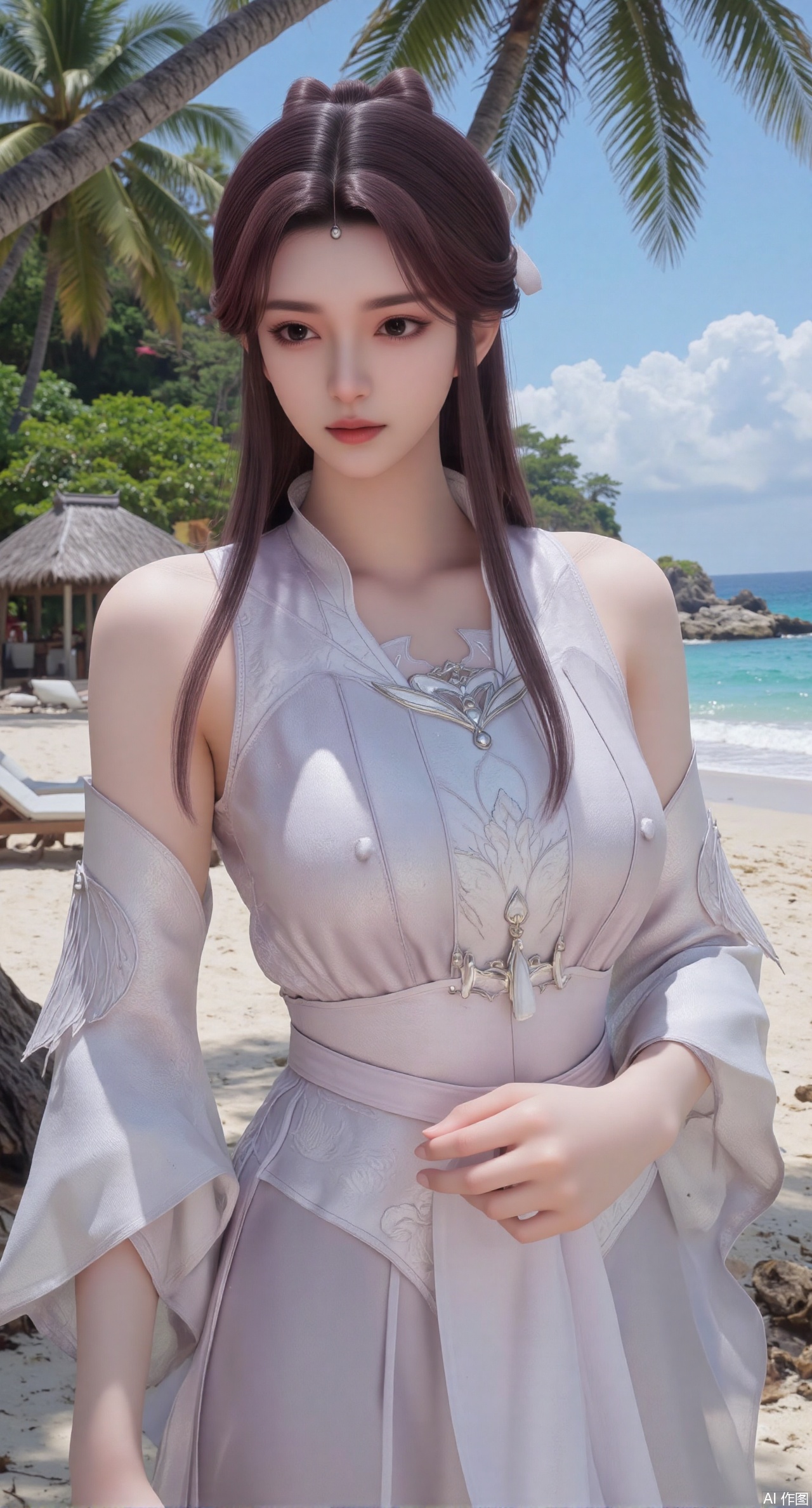 (masterpiece:1.2),best quality,absurdres,masterpiece,original,extremely detailed wallpaper,perfect lighting,Golden sandy beach covered with vibrant flowers, turquoise waves gently lapping the shore, , bright flower clusters spreading from sand to palm tree roots, soft natural light filtering through coconut leaves, ocean breeze lifting hair and qipao hem, high-resolution details showcasing petal textures and silk fabric sheen, ultra-wide angle lens capturing coastline panorama, cinematic color grading with soft focus on the central figure,(huge breasts:2.99),(full breasts:2.99),XshengcaierY,Xmengyuyi,Xxiaomei,Xgufenghuaqiang