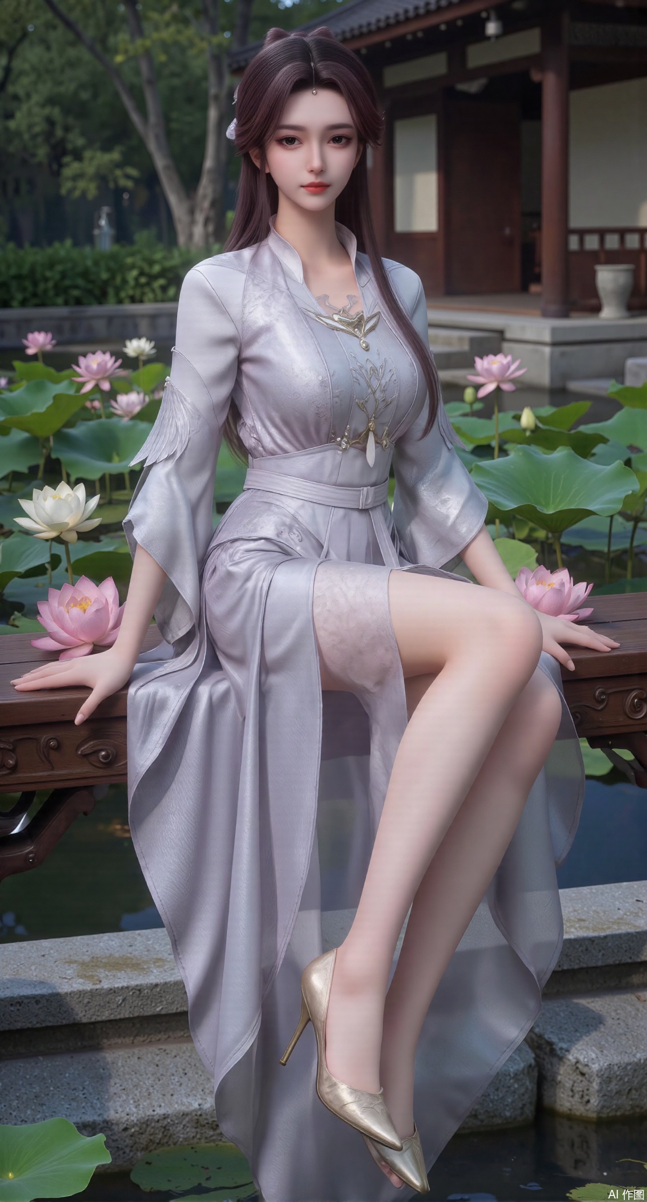 (masterpiece:1.2),best quality,The image is a digital illustration of a young woman sitting on a wooden bench in a pond with lily pads. She is wearing a long dress with design on the chest and sleeves. The dress has a high neckline and short sleeves,Holding a lotus in hand. She has long dark hair styled in loose waves and is wearing gold high heels. The woman is posing with one hand on her hip and the other resting on the edge of the bench. The background is filled with pink and white lotus flowers and green leaves. The overall mood of the image is peaceful and serene,(huge breasts:2.99),(full breasts:2.99),(Background with traditional Chinese architecture, lotus pond and pink lotus flowers:1.39),,Xanmiaoyi,Xyunwangshu,XlishaoyinY,Xbaixue,XanmiaoyiY,Xxiuqiuhua,XbaiyuerongY,XyunyunX,XqingnvzongZM,Xjuzi,Xshangguanweier,XanmiaoyiXY,XyunyunXY,Xjiangziyue,Xmeining,Xweinina,Xlenhuan,Xbabata,Xhewanyuzhiyao,XzixiaY,Xyilinna,Xyinxuehou,Xpoyuhou,XshengcaierY,Xmengyuyi,Xxiaomei,Xgufenghuaqiang