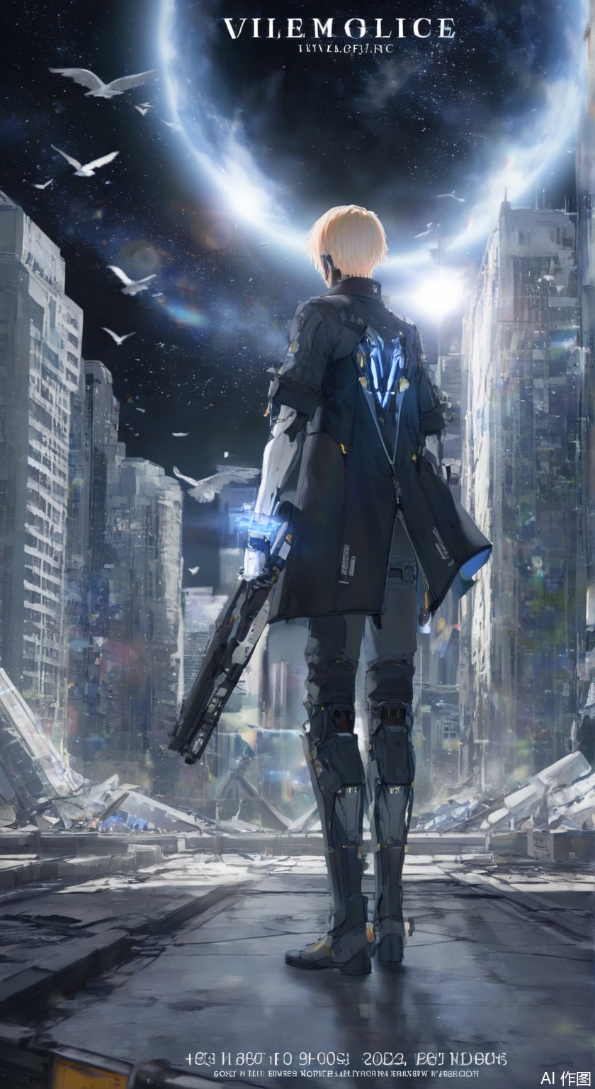 1boy, solo, short hair,blonde hair, gloves, standing, jacket, outdoors, sky, day, from behind, english text, gun, bird, building, scenery, weapon, city,ruins,holding weapon, skyscraper, 
,backlighting,blue and white theme,depth of field,cinematic lighting,light particles,lens flare, (artist:quasarcake:0.8),extreme aesthetic,(wlop:0.6),masterpiece,best quality,good quality,newest,year 2024,year 2023,very aesthetic,absurdres,Visual impact,A shot with tension, ultra-high resolution,32K UHD,sharp focus,best-quality,masterpiece,Emotionalization,unconventional supreme masterpiece,masterful details,temperate atmosphere,with a high-end texture,in the style of fashion photography, (Visual impact:1.2),giving the poster a dynamic and visually striking appearance,impactful picture,offcial art,colorful,movie perspective, masterpiece,best quality,amazing quality,very aesthetic,absurdres,best quality,newest,lee/(PGR)