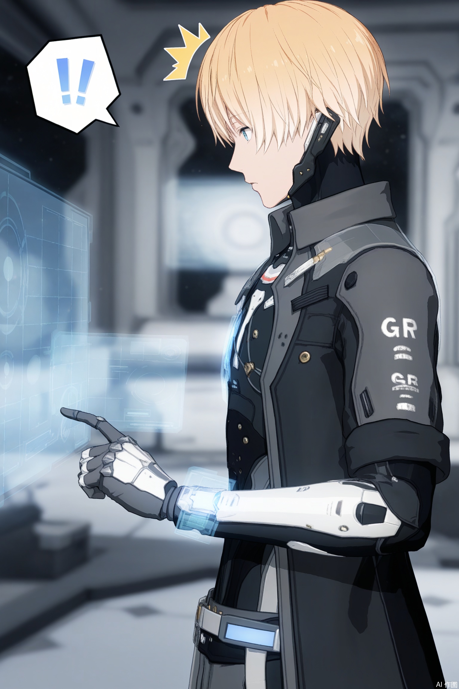 lee/(PGR),solo,short hair, blue eyes, blonde hair, gloves,jacket, 1boy,male focus,cowboy shot,holographic interface, hologram,looking at interface,finger on interface,from side,spoken surprised,blurry background
