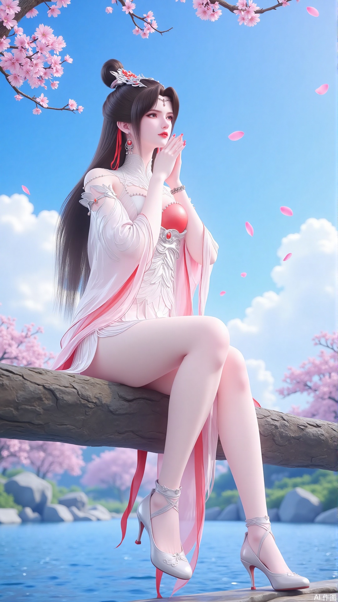 Ultra clear, wallpaper, 8k, masterpiece, 1girl, solo, long hair, breasts, brown hair, pink eyes, hair ornament, dress, bare shoulders, jewelry, sitting, earrings, sky, cloud, water, high heels, blue sky, legs, petals, bare legs, white dress, crossed legs, cherry blossoms, anklet, branch, falling petals, from the side, various postures, holding, hands on own cheeks