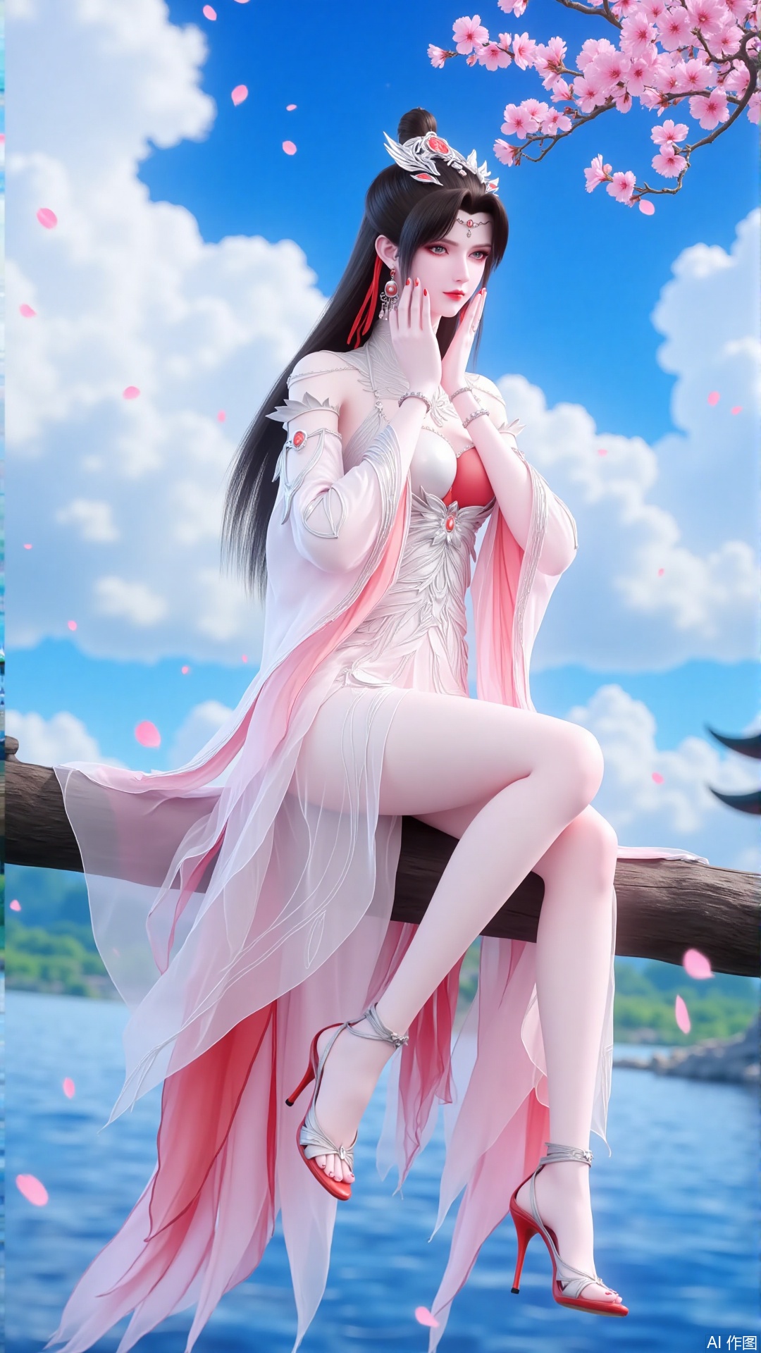 Ultra clear, wallpaper, 8k, masterpiece, 1girl, solo, long hair, breasts, brown hair, pink eyes, hair ornament, dress, bare shoulders, jewelry, sitting, earrings, sky, cloud, water, high heels, blue sky, legs, petals, bare legs, white dress, crossed legs, cherry blossoms, anklet, branch, falling petals, from the side, various postures, holding, hands on own cheeks