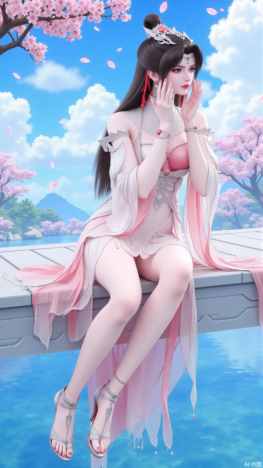 Ultra clear, wallpaper, 8k, masterpiece, 1girl, solo, long hair, breasts, brown hair, pink eyes, hair ornament, dress, bare shoulders, jewelry, sitting, earrings, sky, cloud, water, high heels, blue sky, legs, petals, bare legs, white dress, crossed legs, cherry blossoms, anklet, branch, falling petals, from the side, various postures, holding, hands on own cheeks