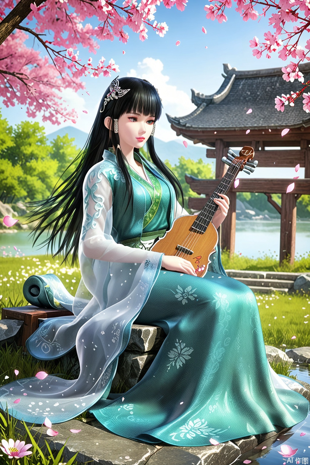 score_9_up,1girl, solo, long hair, black hair, hair ornament, dress, sitting, full body, flower, outdoors, petals, chinese clothes, cherry blossoms, instrument, green dress, playing instrument,XinYueHu,lute \(instrument\)
