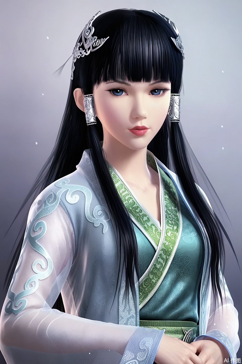 score_9_up,1girl, solo, long hair, looking at viewer, bangs, black hair, hair ornament, long sleeves, upper body, blunt bangs, black eyes, lips, hair tubes, chinese clothes, realistic, hanfu,XinYueHu