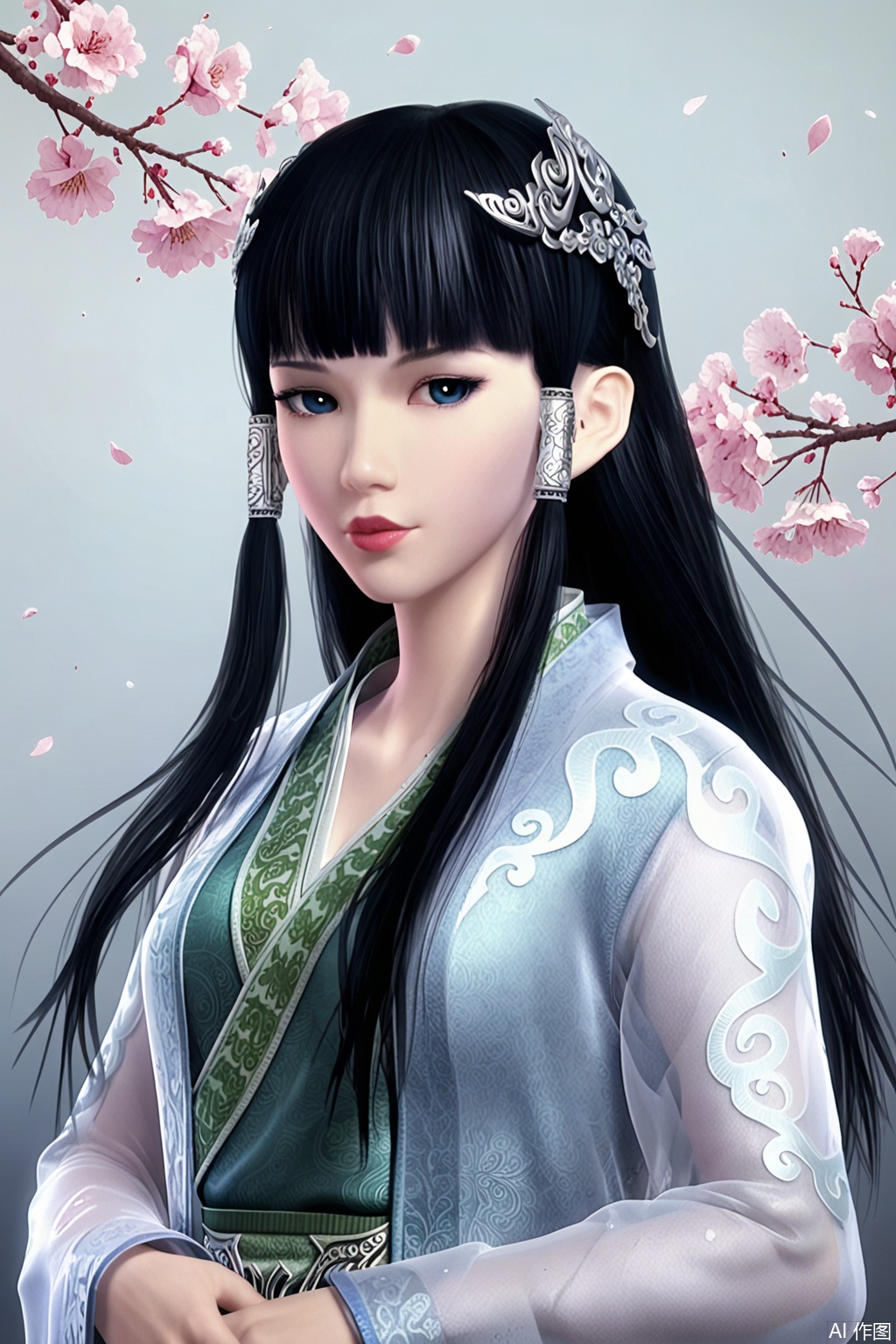 score_9_up,1girl, solo, long hair, looking at viewer, bangs, black hair, hair ornament, long sleeves, upper body, blunt bangs, black eyes, lips, hair tubes, chinese clothes, realistic, hanfu,XinYueHu