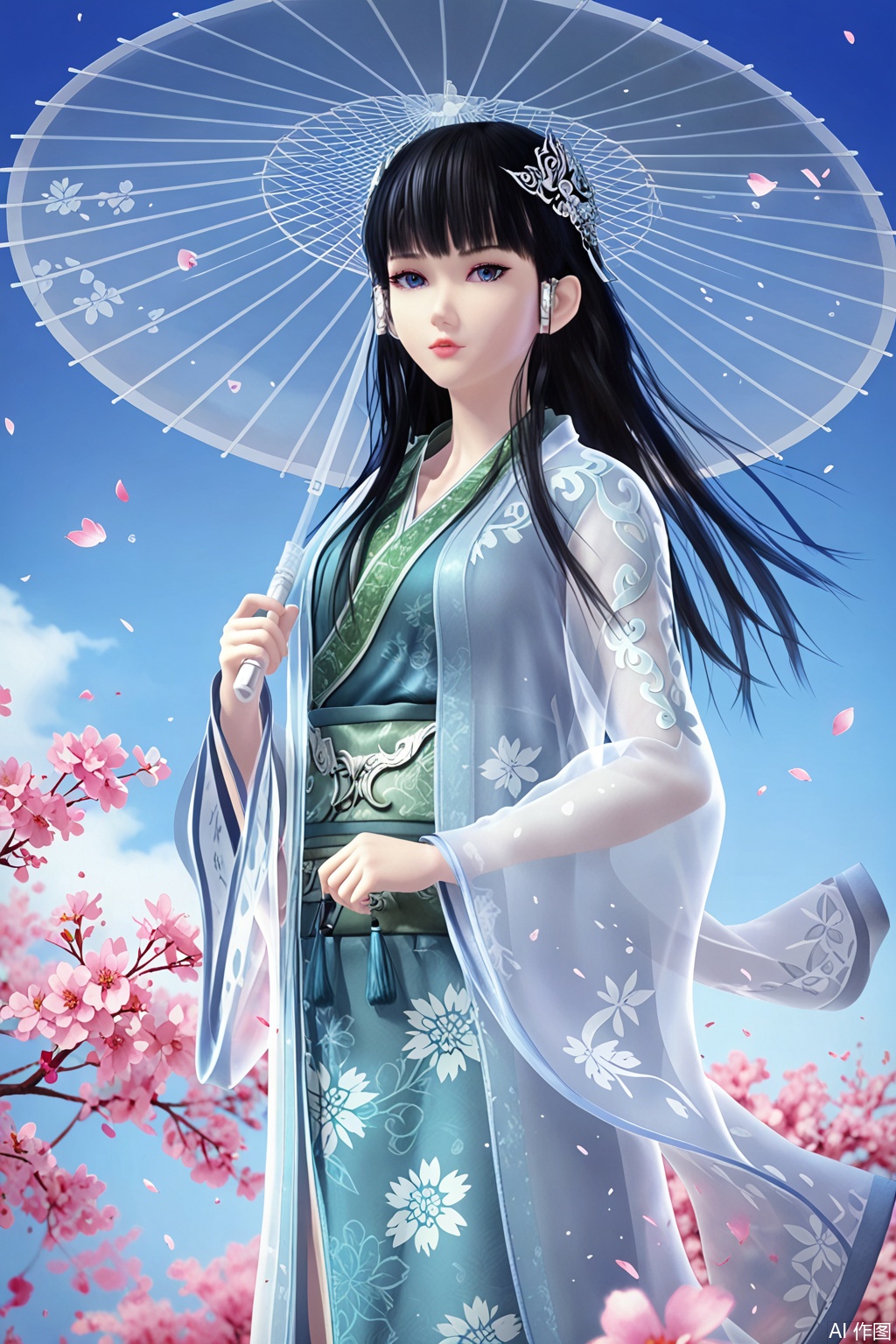 score_9_up,1girl, solo, long hair, black hair, hair ornament, holding, standing, flower, hair flower, wide sleeves, sash, umbrella, chinese clothes, floral print, speach blossom, holding umbrella, oil-paper umbrella,XinYueHu,