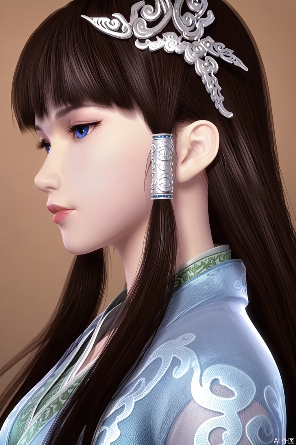 score_9_up,1girl, solo, long hair, bangs, brown hair, black hair, hair ornament, long sleeves, closed mouth, blue eyes, upper body, from side, lips, profile, hair tubes, chinese clothes, tiara, brown background, realistic, hanfu,XinYueHu,