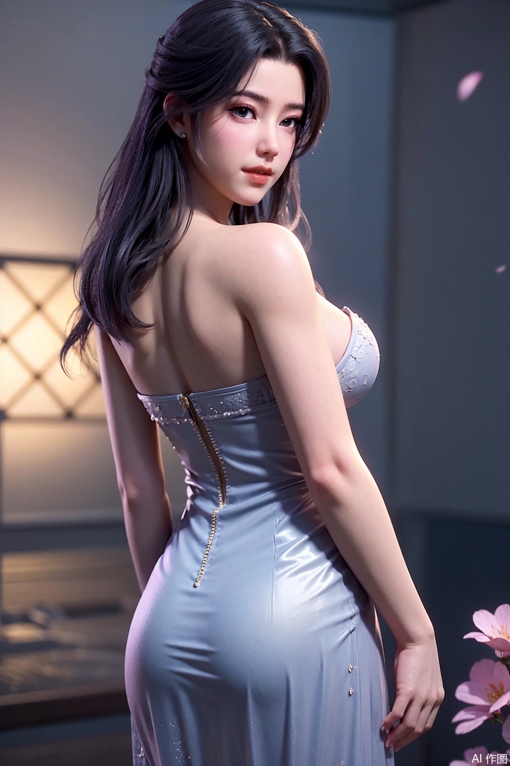 yunxiao,stunning oneesan, photorealistic, 8K UHD, alone, wearing a stunning red lace dress, strapless design, bare shoulders, visible cleavage, alluring dark eyes, looking directly at viewer, long black hair cascading down her back like a waterfall at night, surrounded by a vibrant sea of flowers, soft dreamy lighting, casting dramatic shadows, delicate features, hourglass figure, adorned with sparkling diamond jewelry, exuding enchantment, ethereal setting, happy expression, shallow depth of field, intricate skin texture, dynamic petal details, elegant and romantic aura, cinematic light and shadow layers