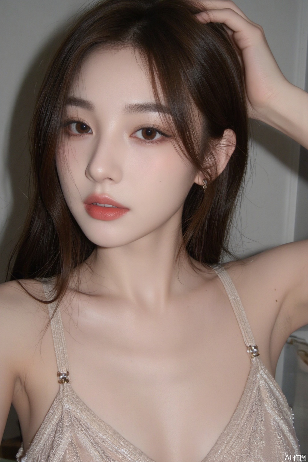1girl, solo, long hair, breasts, brown hair, black hair, brown eyes, jewelry, upper body, earrings, parted lips, teeth, arm up, lips, realistic, hand on own head