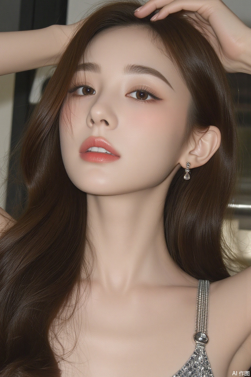 1girl, solo, long hair, breasts, brown hair, black hair, brown eyes, jewelry, upper body, earrings, parted lips, teeth, arm up, lips, realistic, hand on own head