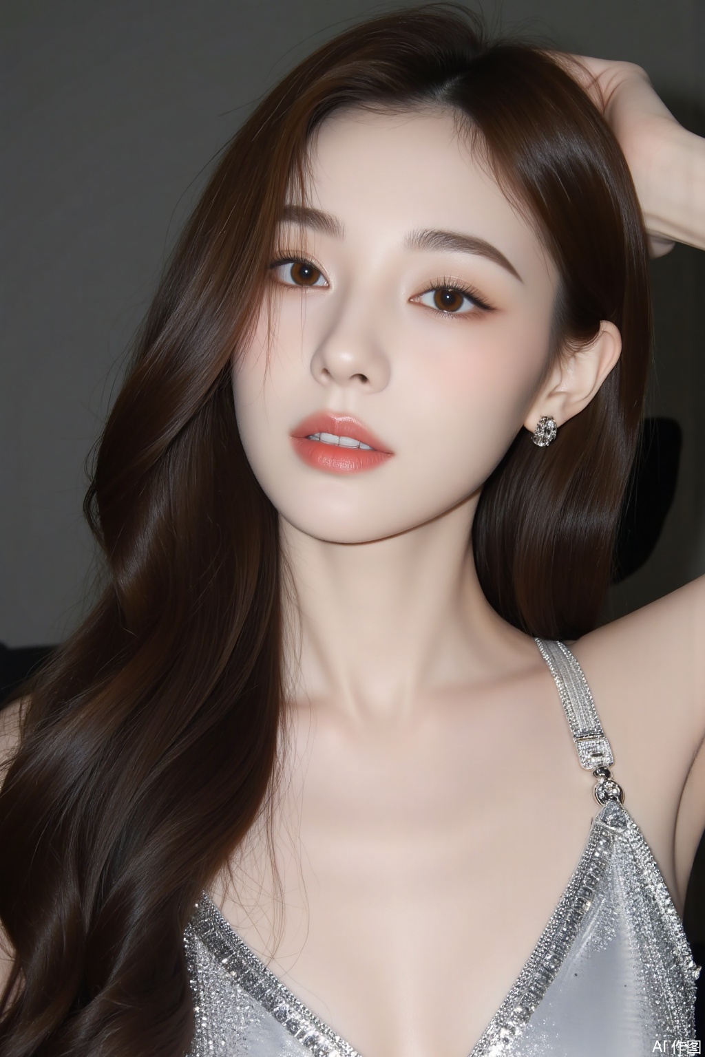 1girl, solo, long hair, breasts, brown hair, black hair, brown eyes, jewelry, upper body, earrings, parted lips, teeth, arm up, lips, realistic, hand on own head