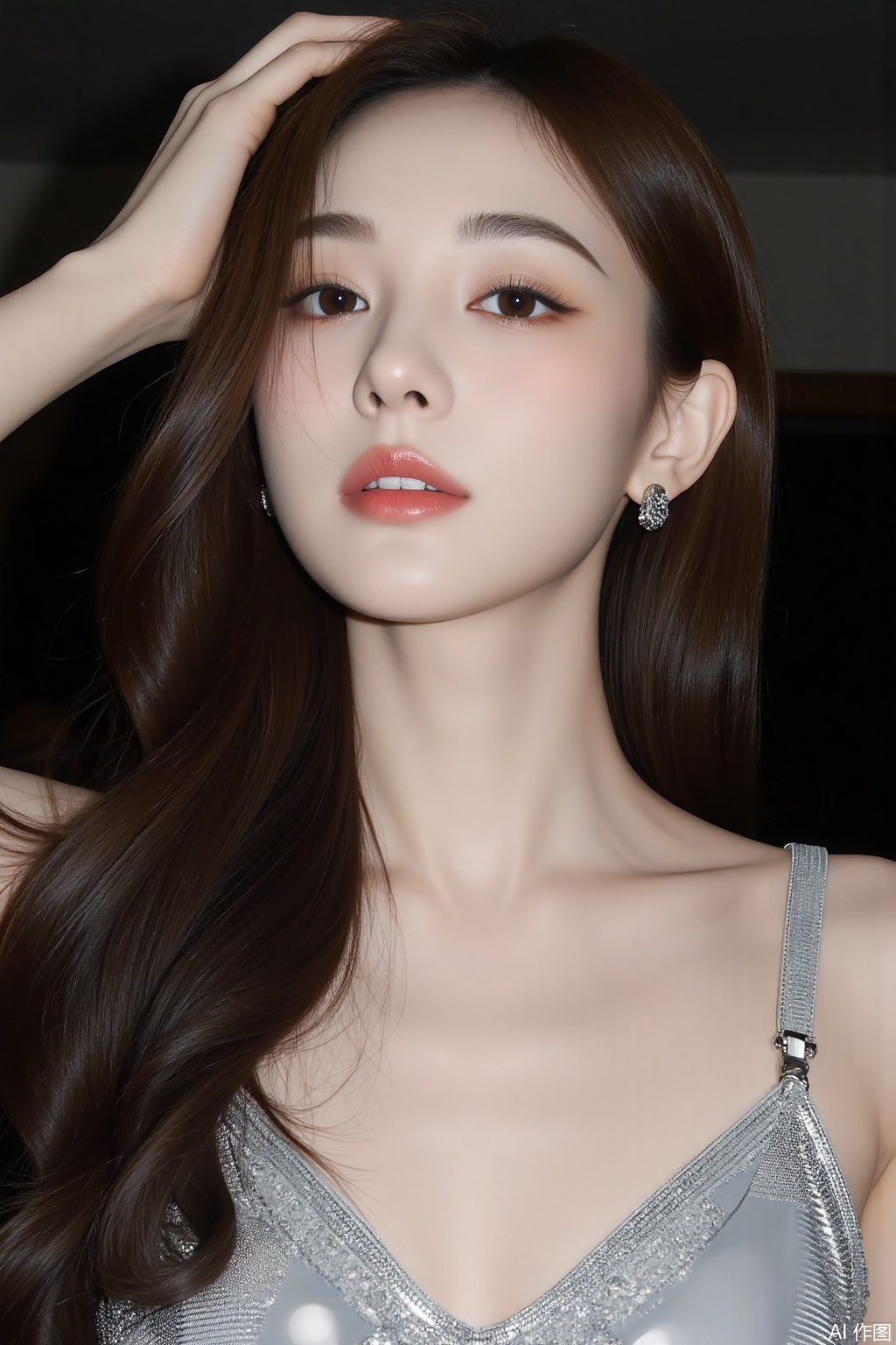 1girl, solo, long hair, breasts, brown hair, black hair, brown eyes, jewelry, upper body, earrings, parted lips, teeth, arm up, lips, realistic, hand on own head