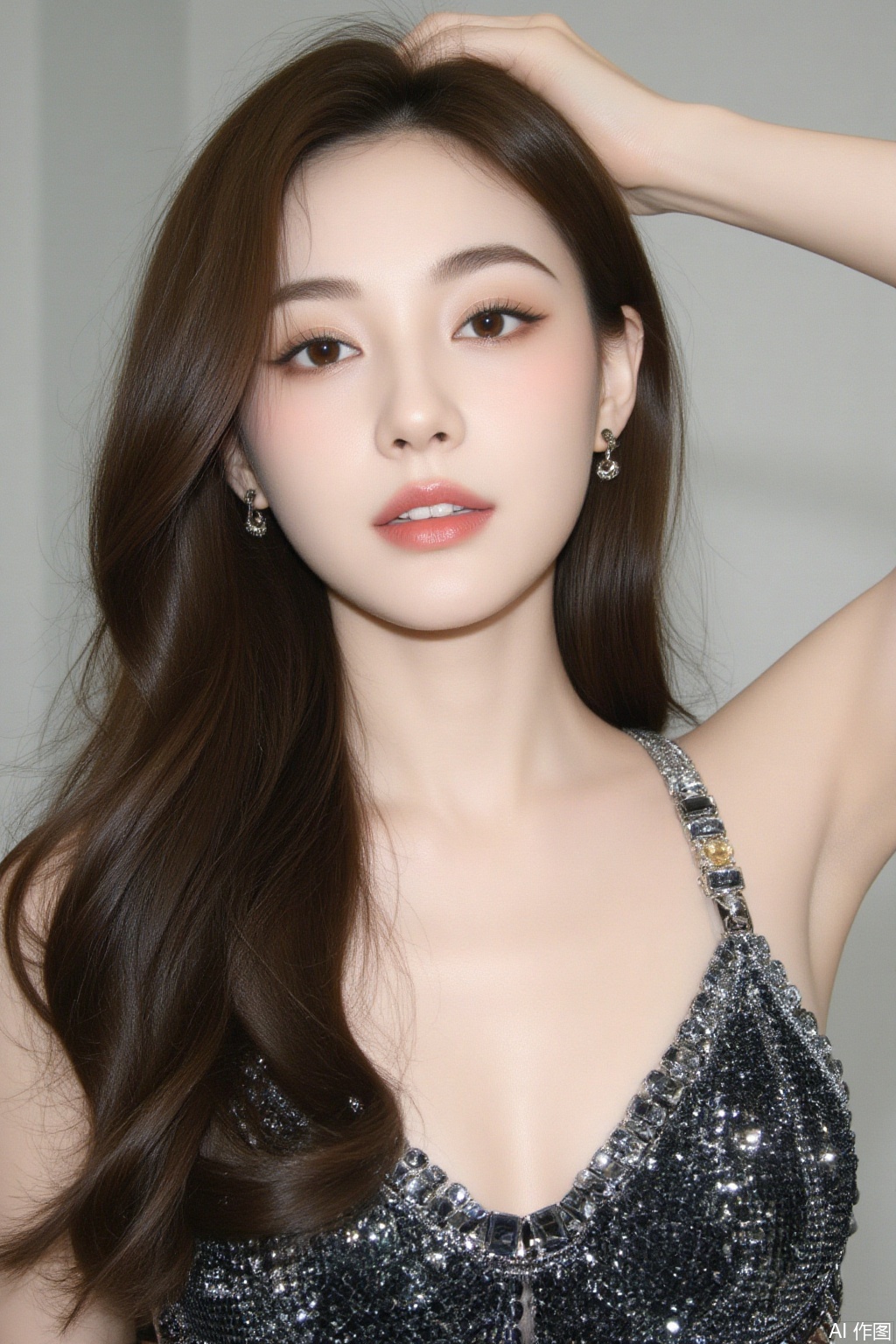 1girl, solo, long hair, breasts, brown hair, black hair, brown eyes, jewelry, upper body, earrings, parted lips, teeth, arm up, lips, realistic, hand on own head