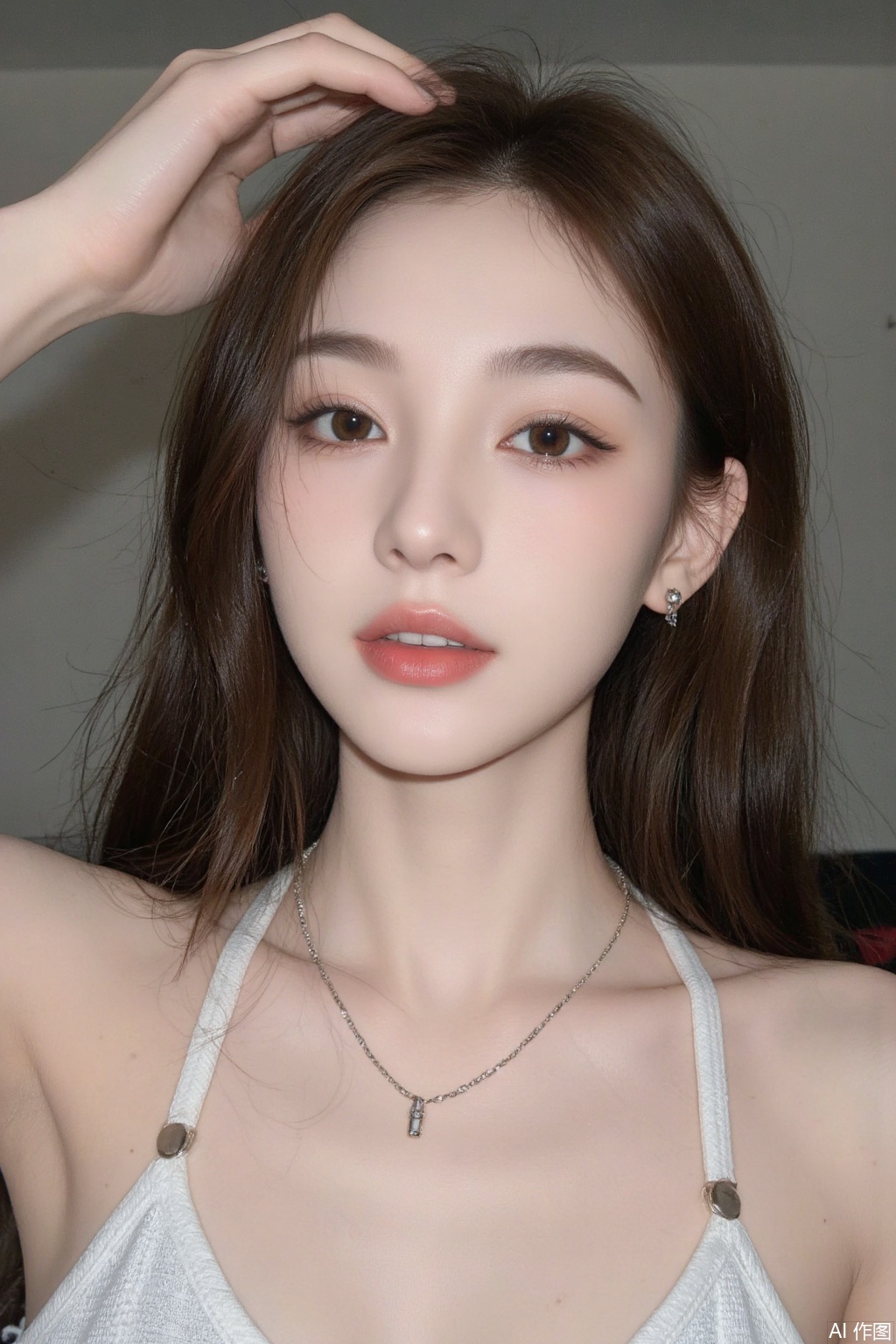 1girl, solo, long hair, breasts, brown hair, black hair, brown eyes, jewelry, upper body, earrings, parted lips, teeth, arm up, lips, realistic, hand on own head