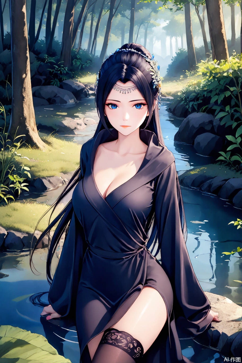 1girl, solo, long hair, looking at viewer, blue eyes, black hair, hair ornament, long sleeves, dress, Black dress,masterpiece,best quality,official art,extremely detailed CG unity 8k wallpaper,Thigh exposed,thighhighs,looking at viewer,Forest,Forest,