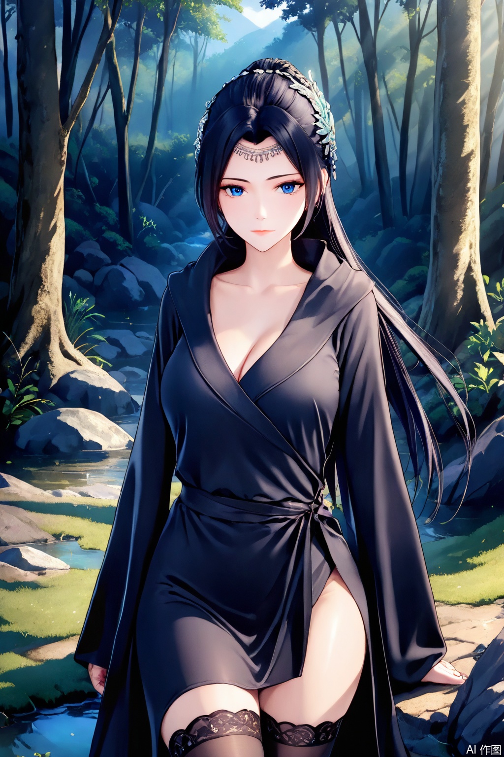 1girl, solo, long hair, looking at viewer, blue eyes, black hair, hair ornament, long sleeves, dress, Black dress,masterpiece,best quality,official art,extremely detailed CG unity 8k wallpaper,Thigh exposed,thighhighs,looking at viewer,Forest,Forest,