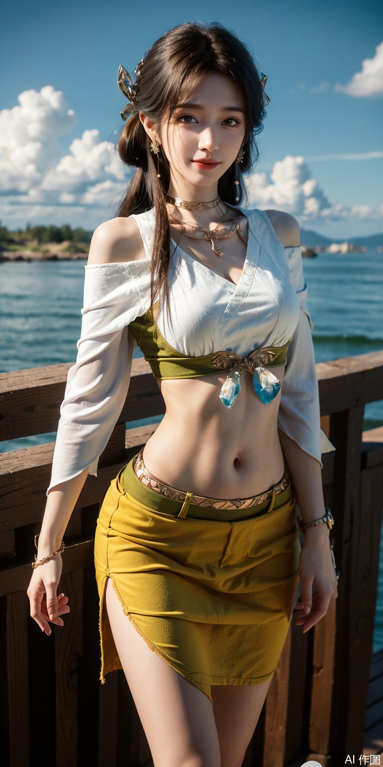 best quality, masterpiece, realistic,cowboy_shot,(Good structure), DSLR Quality,Depth of field,kind smile,looking_at_viewer,Dynamic pose, 
,Short skirt,Blue sky, white clouds, ocean, nai3, 1girl, solo, crop top, , choker, navel, shirt, midriff, crop top overhang, looking at viewer, white shirt, jewelry, breasts, bare shoulders, off-shoulder shirt, off shoulder, black choker, thighs, stomach, long hair, bracelet, short sleeves, ribbon, hand up, collarbone, hair ribbon, medium breasts, , bra strap, , hair ornament, thigh gap, necklace, expressionless,meining