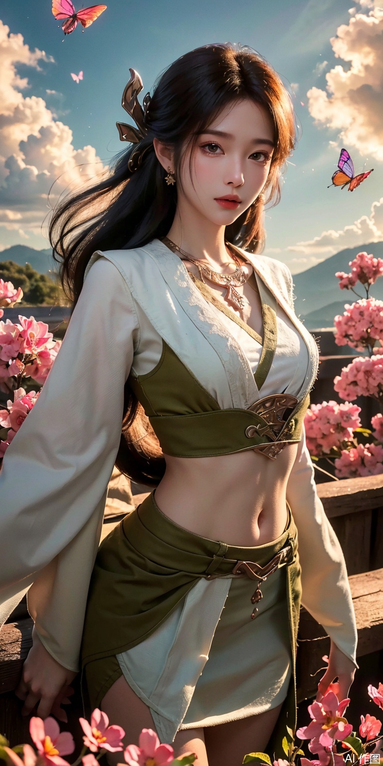 (masterpiece, best quality, ultra-detailed, highres, best illustration),1girl,solo,cowboy shot,looking_at_viewer, side lighting,lustrous skin,(shine),(shiny skin, cetlic elements, norse heritage),ray tracing,wind swept hair,detailed hair,detailed face,depth_of_field,very detailed background,extreme light and shadow,(detailed eyes),perfect anatomy,,dynamic angle,1girl,((sea of pink flowers,with butterflies everywhere.,fluttering butterflies in the sky,colorful auspicious clouds,)), Short top,ultra short skirt ,navel, 