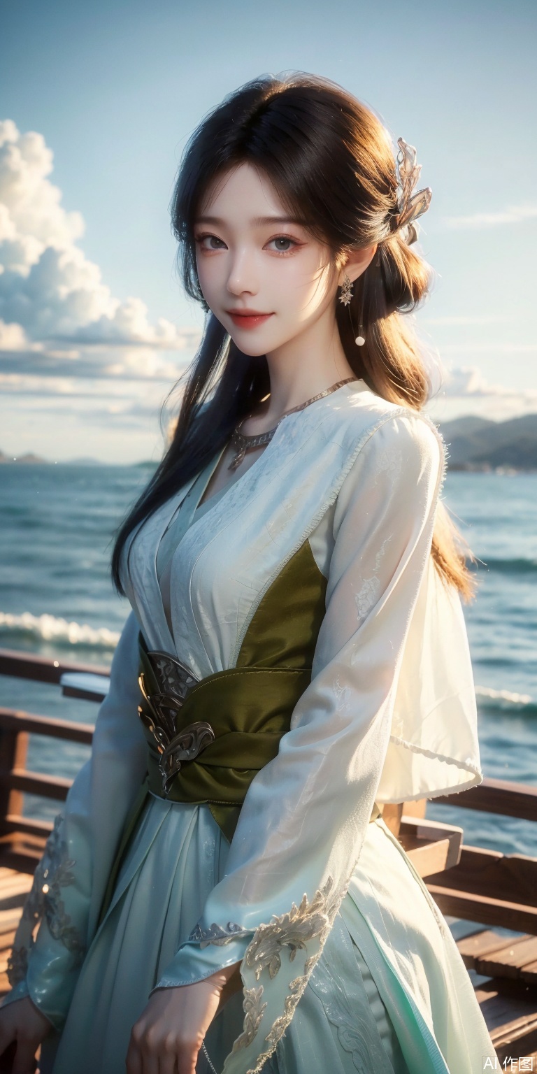best quality, masterpiece, realistic,cowboy short,(Good structure), DSLR Quality,Depth of field,kind smile,looking_at_viewer,Dynamic pose, , Blue sky and white clouds on the beach,Masterpiece, (ultra wide angle lens: 1.2), Unity8k wallpaper, best quality, (detail shadow: 1.1), a beautiful girl, on a sea of light blue silk, translucent silk, floating light blue silk, surrealist style, minimalism, highly detailed texture, light blue, white clean background, CG rendering, light passing through clouds, 8k resolution, (motion photo: 1.2), (Fidelity: 1.4), original photos, movie lighting, 1girl,, , ,kind smile, , weddingdress,meining