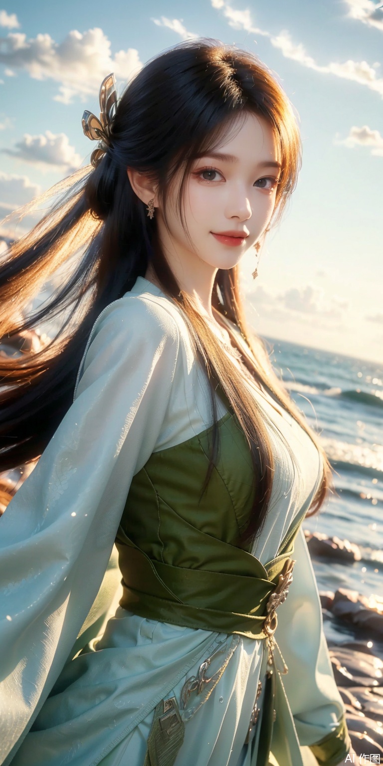 best quality, masterpiece, realistic,cowboy short,(Good structure), DSLR Quality,Depth of field,kind smile,looking_at_viewer,Dynamic pose, , Blue sky and white clouds on the beach,Masterpiece, (ultra wide angle lens: 1.2), Unity8k wallpaper, best quality, (detail shadow: 1.1), a beautiful girl, on a sea of light blue silk, translucent silk, floating light blue silk, surrealist style, minimalism, highly detailed texture, light blue, white clean background, CG rendering, light passing through clouds, 8k resolution, (motion photo: 1.2), (Fidelity: 1.4), original photos, movie lighting, 1girl,, , ,kind smile, , weddingdress,meining