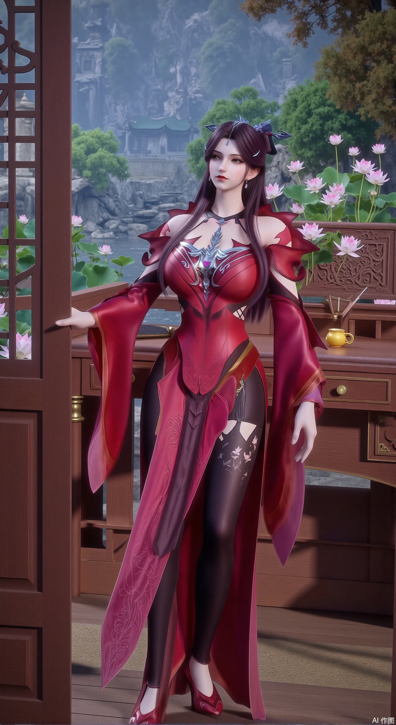 (masterpiece, best quality:1.2),1girl, solo, long dress,Ancient princess's boudoir with bright color palette,,(huge breasts:2.59),(full breasts:2.39), Hanfu-clad maiden sitting by latticed window desk in romantic daydreaming posture, classical Chinese garden through window showcasing lotus pond filled with blooming pink and white lotuses, delicate ink-wash painting style, interior featuring rosewood furniture with mother-of-pearl inlay, silk curtains fluttering in breeze, porcelain stationery set on desk, distant view of curved bridges and pavilions in garden, ultra HD rendering with crisp details on embroidered garments and translucent lotus petals,,(huge breasts:2.99),(full breasts:2.99),,Xzhihua,Xsiyouyou,Xyanruyu,Xmoxiaonan,Xyeqingxian,Xyinxuehou,Xpoyuhou,XbaihehuaiX,Xjiangbilan,Xhuajin,XshengcaierY,Xmengyuyi,Xxiaomei