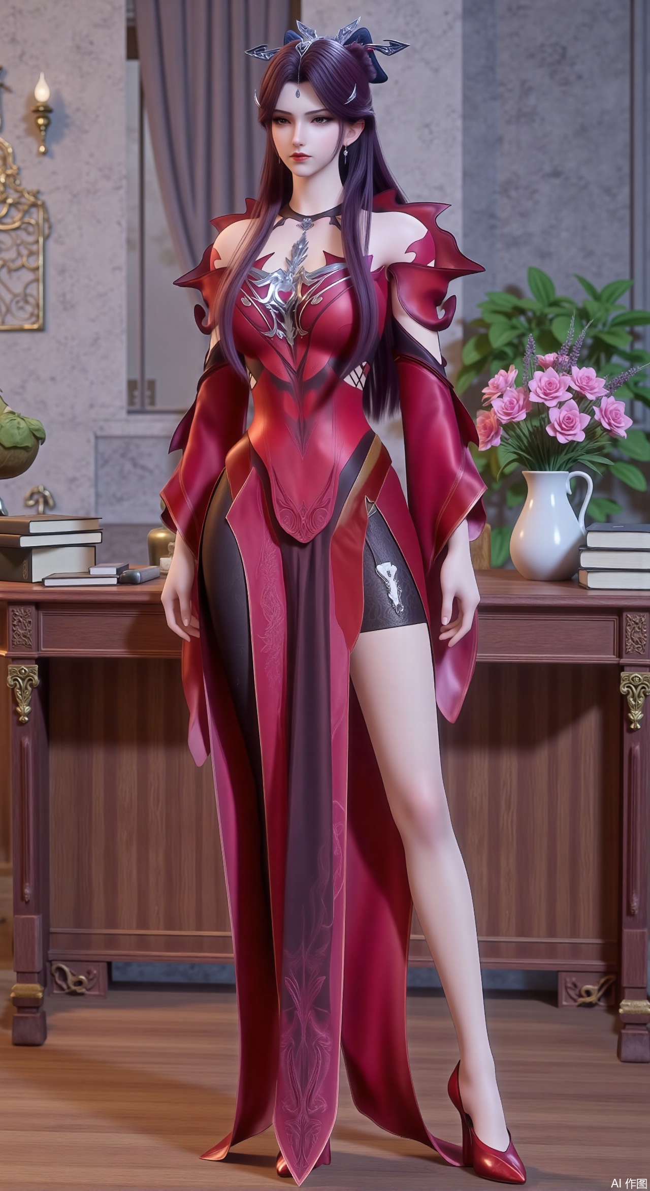  (masterpiece:1.2),Ultra clear, wallpaper, 8k, masterpiece, 1girl, solo, long hair, breasts, looking at viewer, bangs, large breasts,long dress,, bare shoulders, jewelry, black hair, standing, purple eyes, full body, flower, thighs, indoors, hair bun, long dress, high heels, cup, see-through, book, bare legs, window, table, white footwear, standing on one leg, curtains, pink flower, side slit, vase, ,(huge breasts:2.99),(full breasts:2.99),Xzhihua,Xsiyouyou,Xyanruyu,Xmoxiaonan,Xyeqingxian,Xyinxuehou,Xpoyuhou,XbaihehuaiX,Xjiangbilan,Xhuajin,XshengcaierY,Xmengyuyi,Xxiaomei