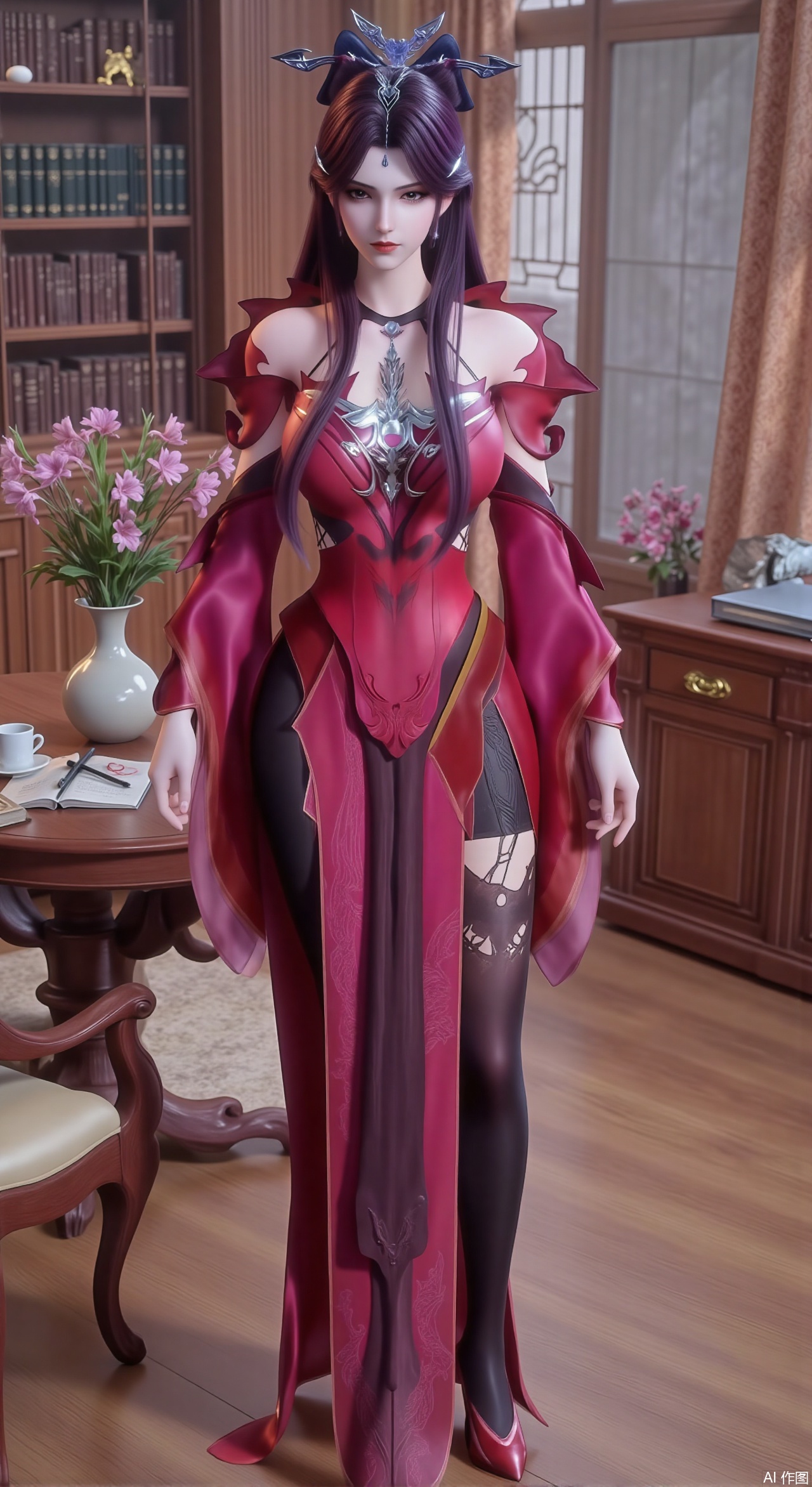  (masterpiece:1.2),Ultra clear, wallpaper, 8k, masterpiece, 1girl, solo, long hair, breasts, looking at viewer, bangs, large breasts,long dress,, bare shoulders, jewelry, black hair, standing, purple eyes, full body, flower, thighs, indoors, hair bun, long dress, high heels, cup, see-through, book, bare legs, window, table, white footwear, standing on one leg, curtains, pink flower, side slit, vase, ,(huge breasts:2.99),(full breasts:2.99),Xzhihua,Xsiyouyou,Xyanruyu,Xmoxiaonan,Xyeqingxian,Xyinxuehou,Xpoyuhou,XbaihehuaiX,Xjiangbilan,Xhuajin,XshengcaierY,Xmengyuyi,Xxiaomei